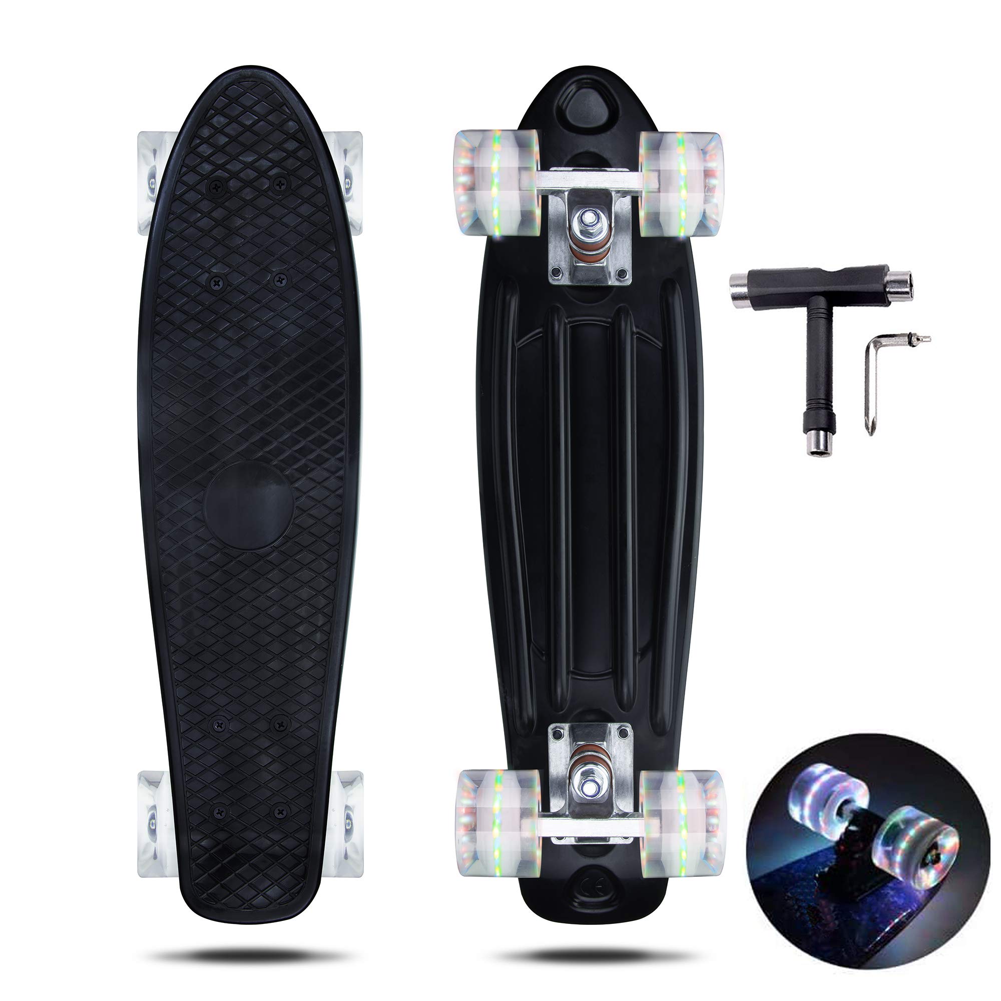 VERNBRIN Skateboards Mini Cruiser Retro Skateboard,Complete Plastic Skateboard Penny Board 22 Inch for Beginners Teens Adults,LED Light up Wheels with All-in-One Skate T-Tool