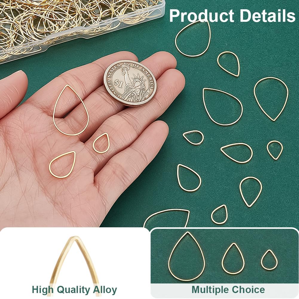 PH PandaHall 300pcs 3 Sizes Open Bezel Charms for Resin, Teardrop Earring Bezels Golden Teardrop Connectors Hollow Linking Rings Charms Brass Resin Bezels for Necklace Earring Bracelet Jewelry Making - Image 3