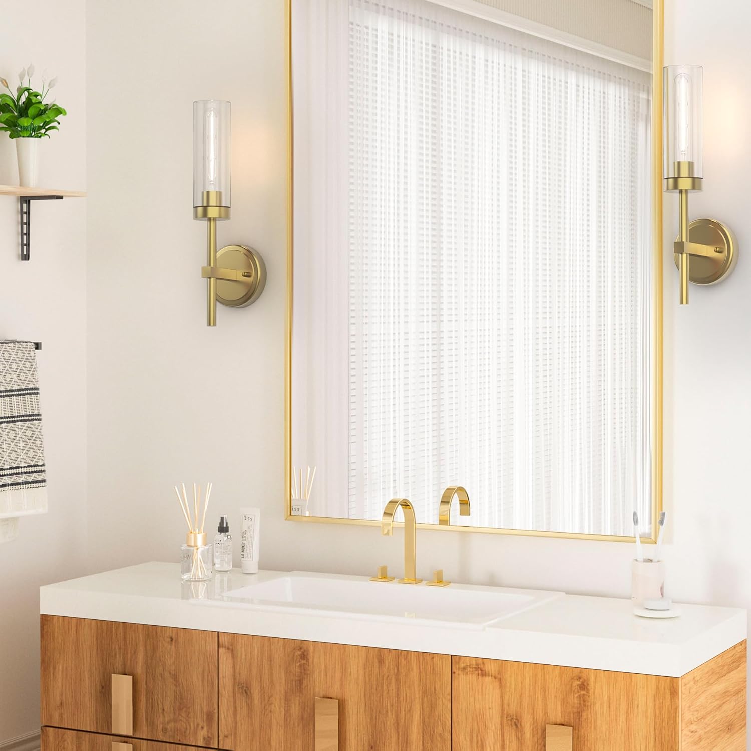 Gold Wall Sconces Set of 2,16.75" Modern Bathroom Sconces Wall Lighting Vanity Light Fixtures with Clear Glass Indoor Brushed Mount Lights for Living Room Corridor Mirror Bedroom Stairs Hallway