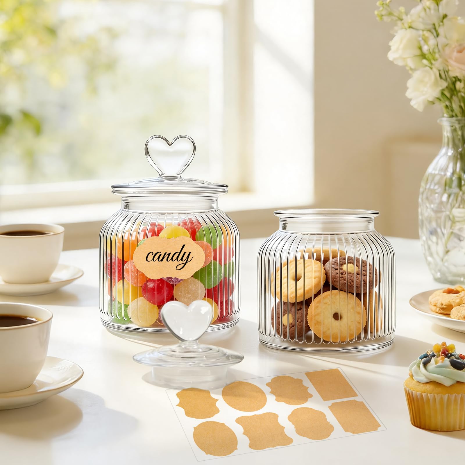Mssushi 2stk 650ml Luftdicht Vorratsgläser, Glas Bonbonglas Herzförmiges mit Deckel, Geeignet für Candy Bar, Kekse, Süßigkeiten, Küche, inklusive Messlöffel (2, Transparentes Streifendesign)