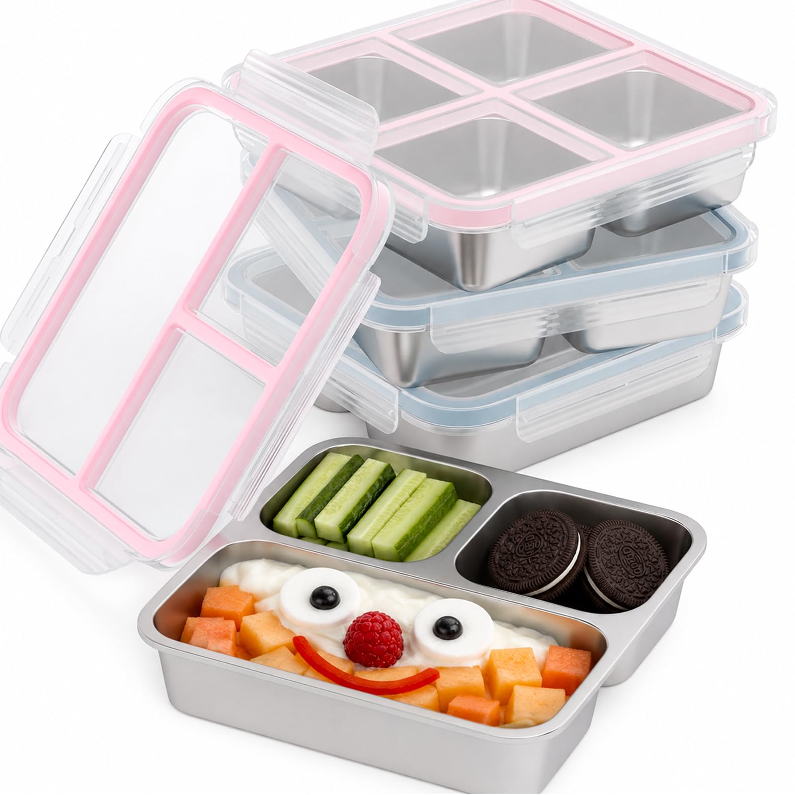 EC-Gaze 4 Pack Stainless Steel Snack Containers, 3 and 4 Compartments | Reusable Food Containers, Two 22 oz 3-Compartment and Two 20 oz 4-Compartment Boxes, Blue and Pink Silicone Lids, for Lunch