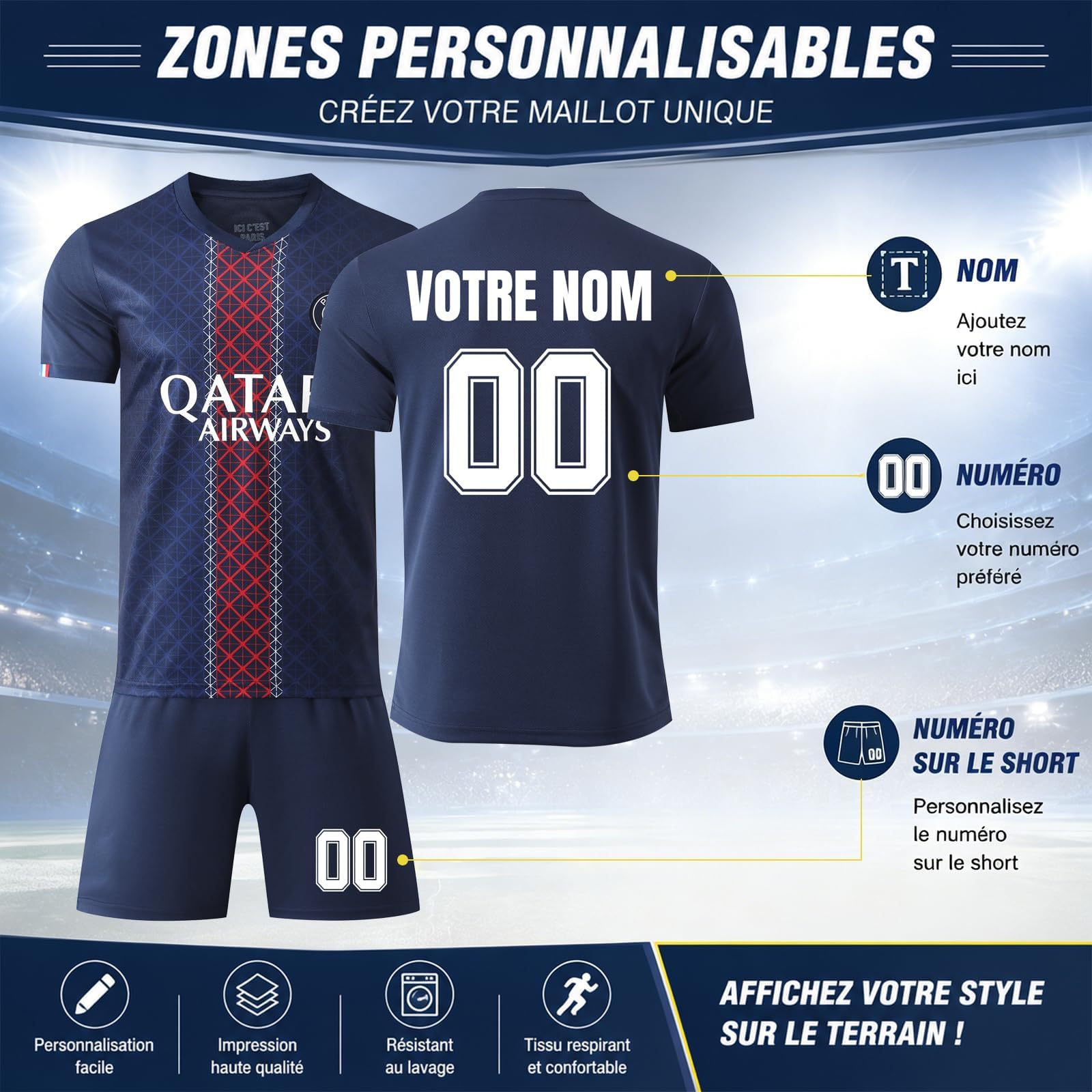 Maillot de Foot Enfant Adulte Personnalisé avec Nom et Numéro - Ensemble Jersey Domicile Extérieur avec Short et Chaussettes