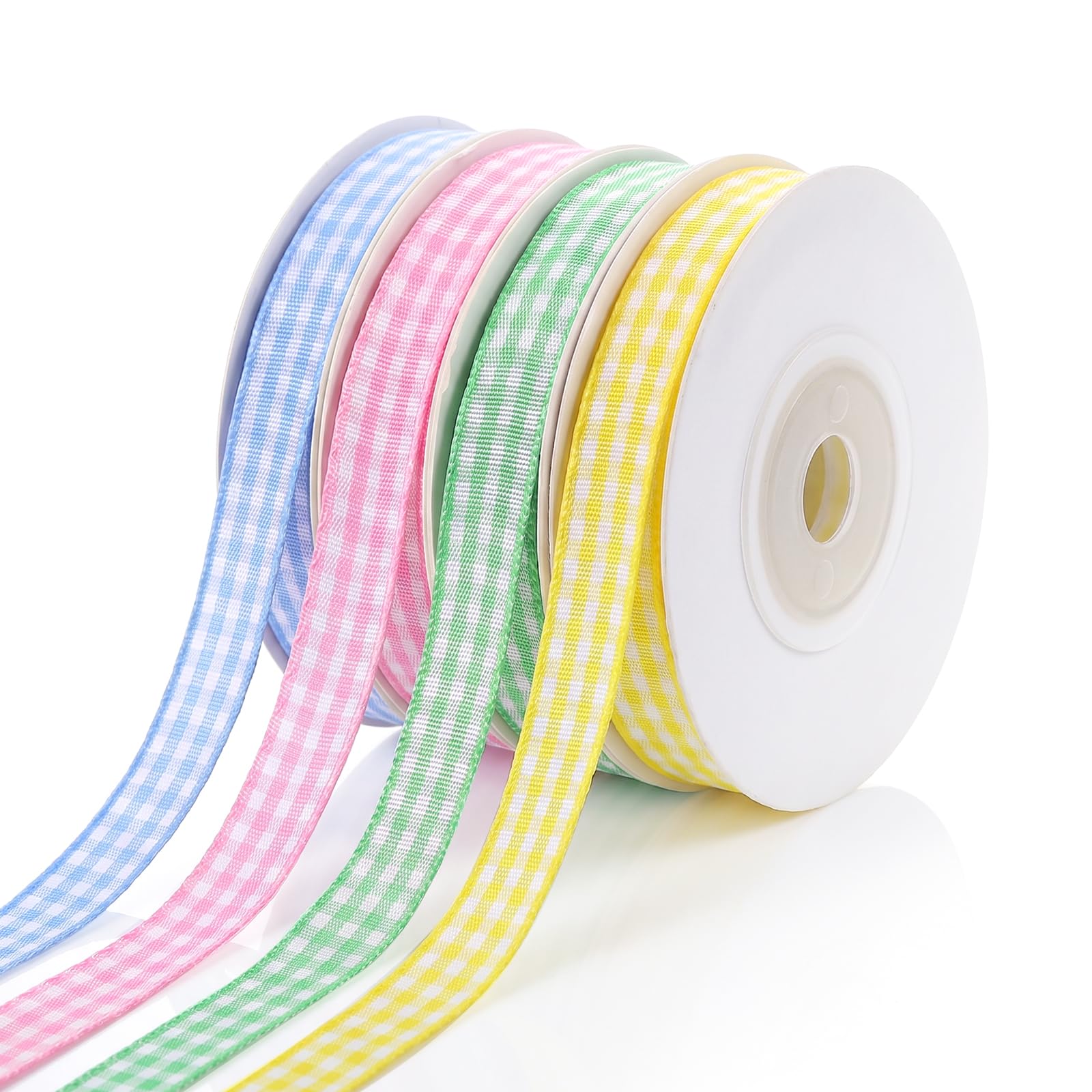 RAHHLIZS 4Pcs Gingham Ribbon Pink Yellow Blue Green Ribbon for Crafting