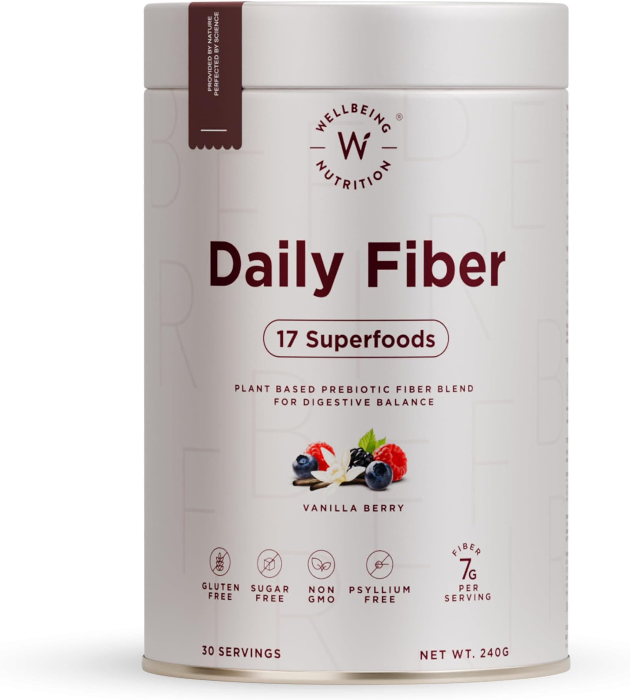 Wellbeing Nutrition Daily Fiber Powder | Weight Management, Manages Sugar Control, Bloating, Constipation & Acidity Relief | Organic Prebiotic Digestive Fiber Supplement | Vanilla Berry | 30 Servings