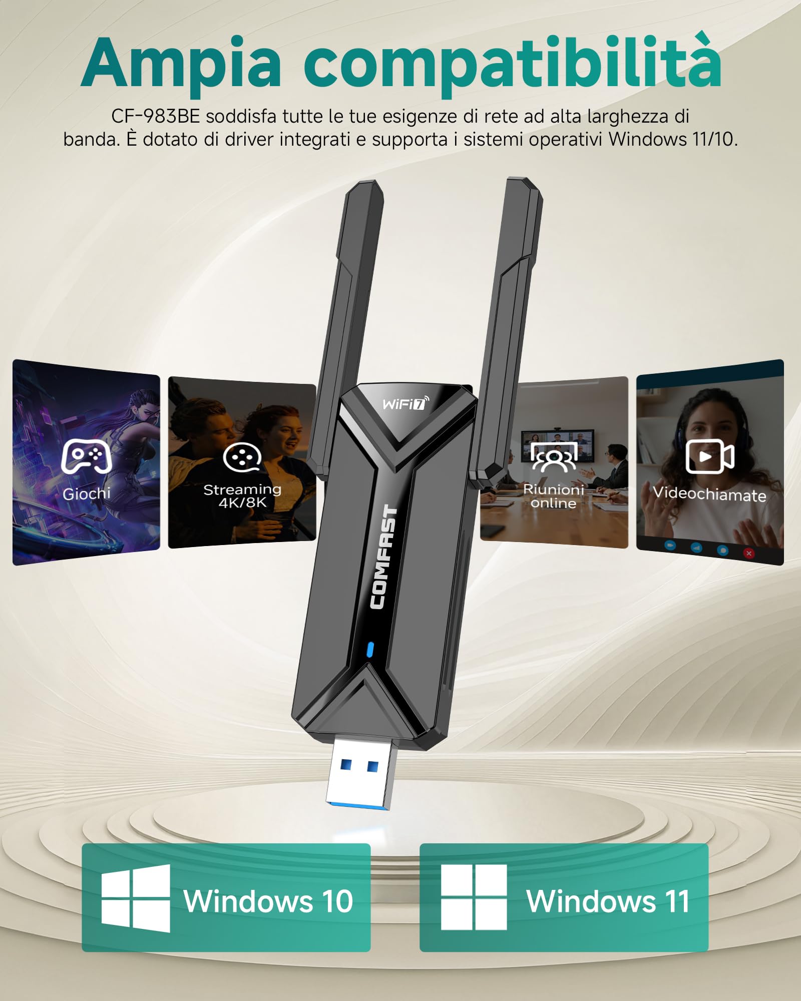COMFAST Adattatore USB Wireless WiFi7 e Chiavetta WiFi 6500Mbps Tri-Band con Doppia Antenna, OFDMA & MU-MIMO, WPA3, Adattatore USB per WiFi Compatibile con Windows 10/11, Senza Driver Necessari