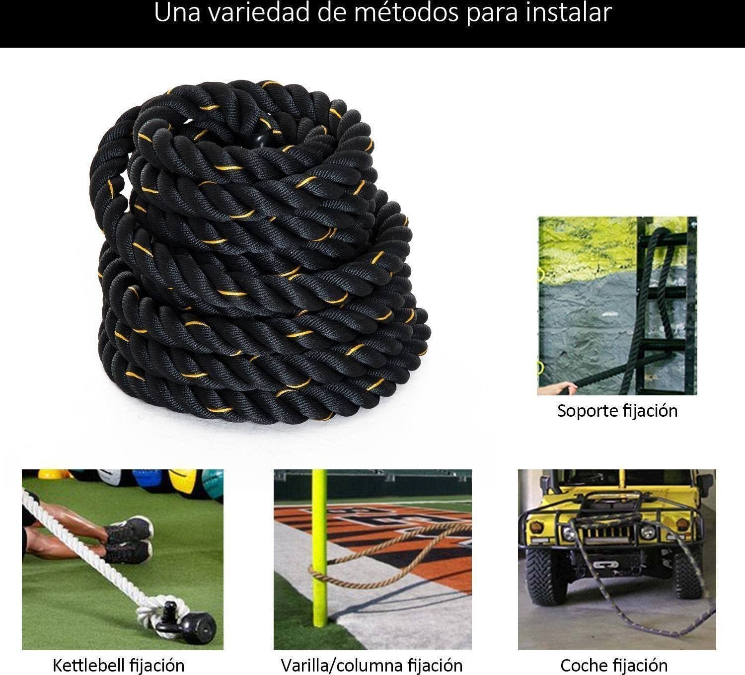 Cuerda de Combate - Crossfit, Funcional, Tonificación, Cardio - Entrenamiento de Alta Intensidad - Battle Ropes - Negro y Amarillo 12m x 50 mm