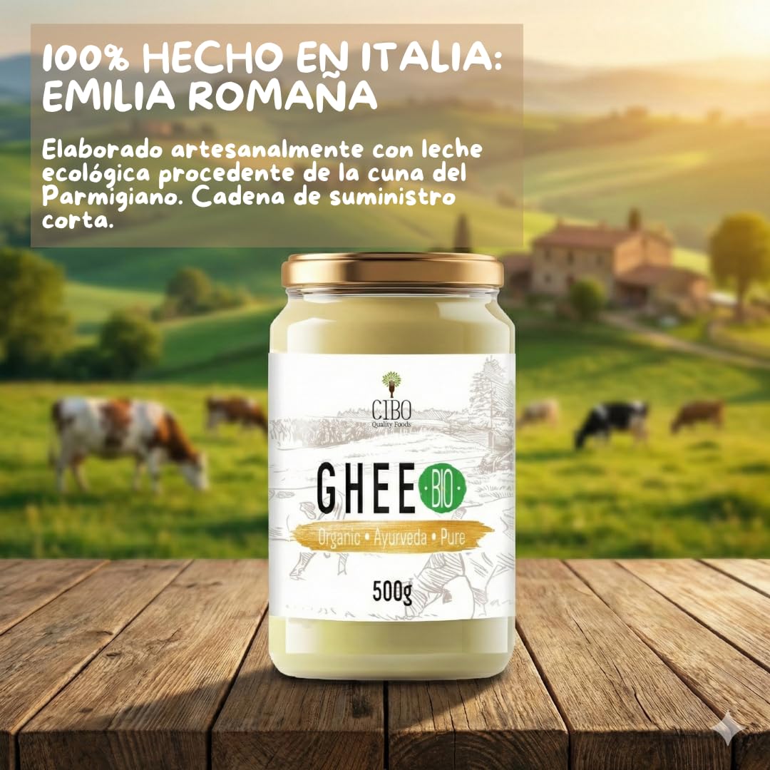 Cibo Ghee Ecológico 500g - Leche de Parma y Reggio Emilia - Vacas de Pasto - Punto de Humo 250°C
