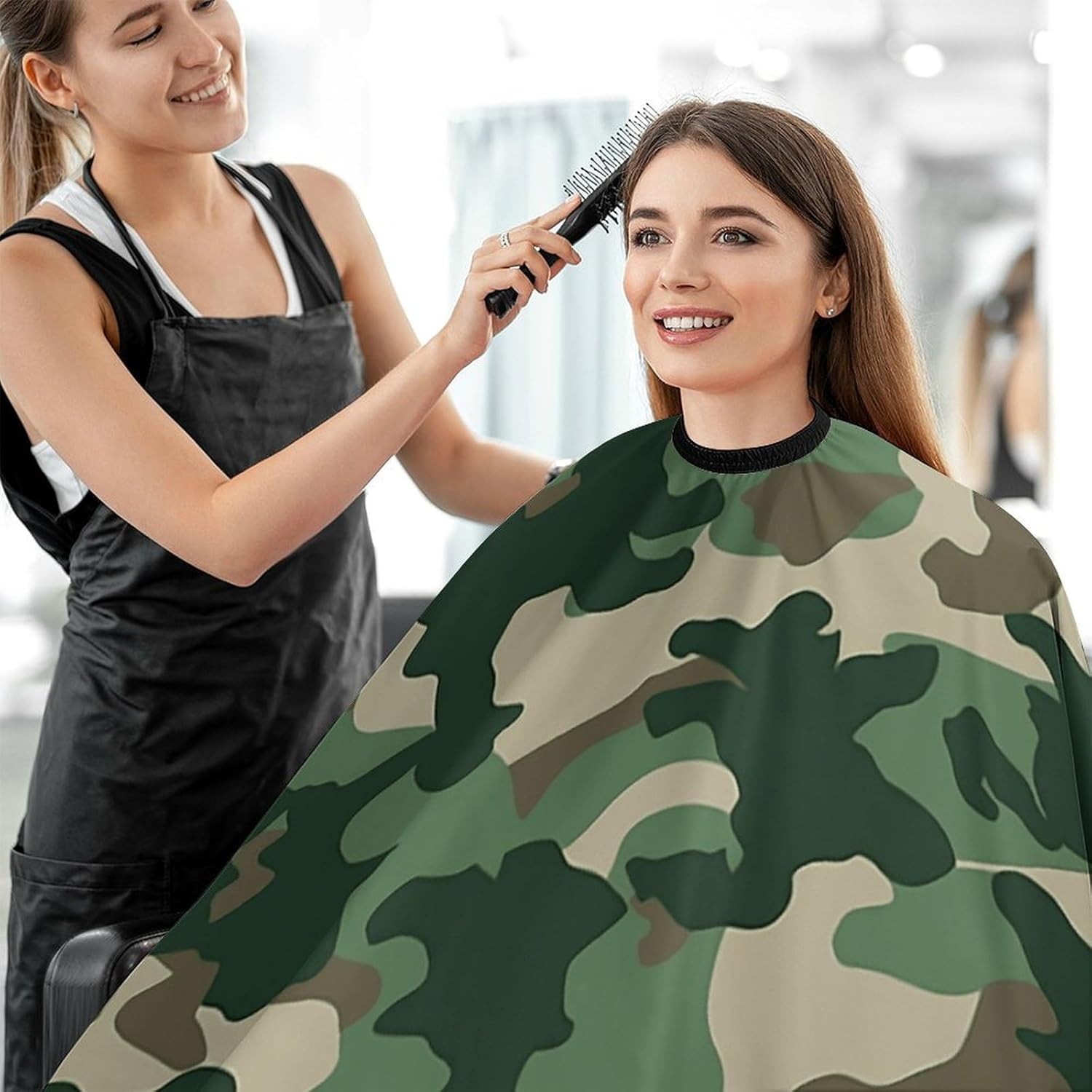Camouflage Green Apron for Women Men,Barber Cape with Adjustable Snap Closure,Hair Cutting Cape,66.9 X 56.7 Inches for Hair Dye, Comb-out, Styling, Shampoo