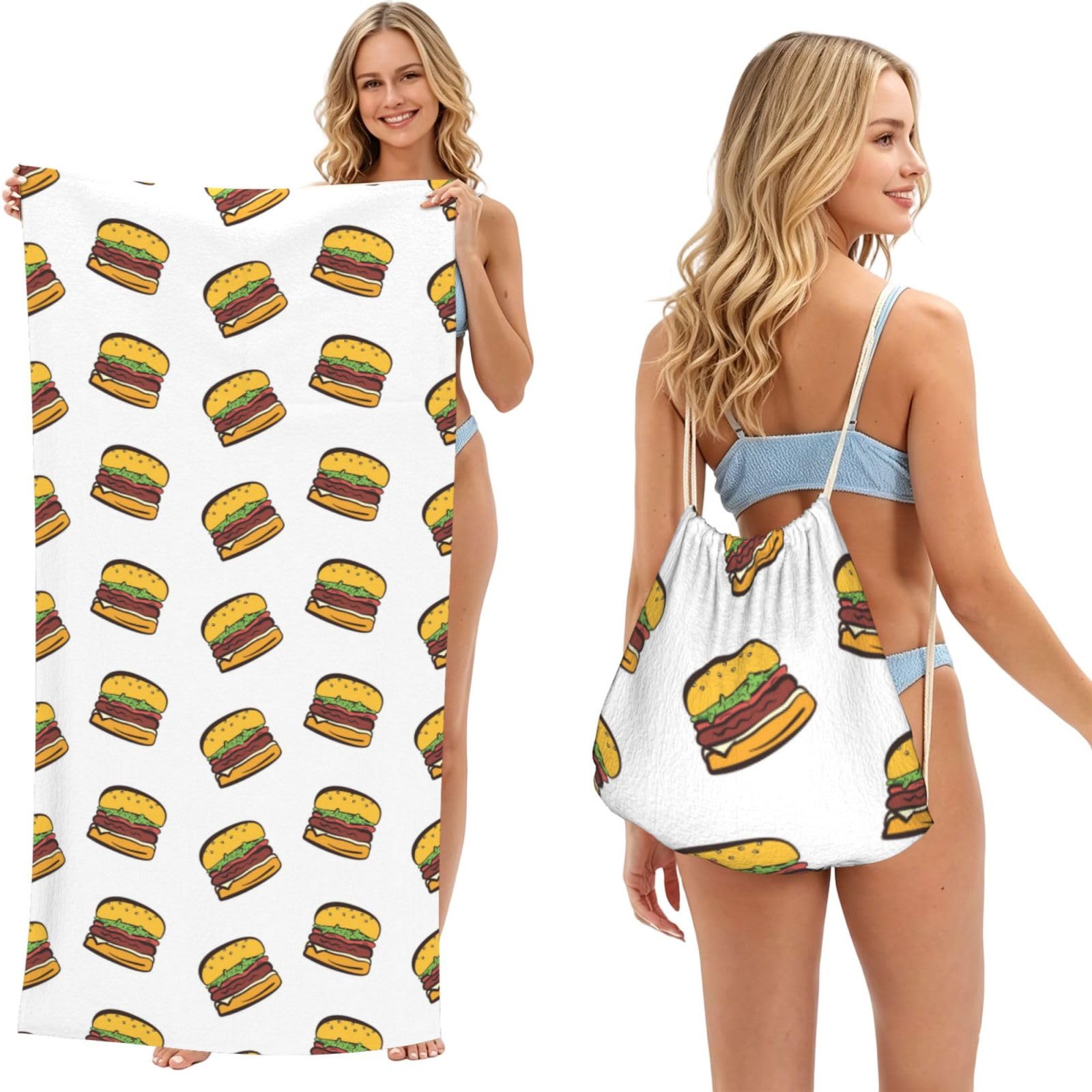 Poadnly As Picture Hamburger Cartoon Cute, 2 In 1 Packable Towel Bag, Beach Towels With Drawstring Backpack For Travel Holiday Camping