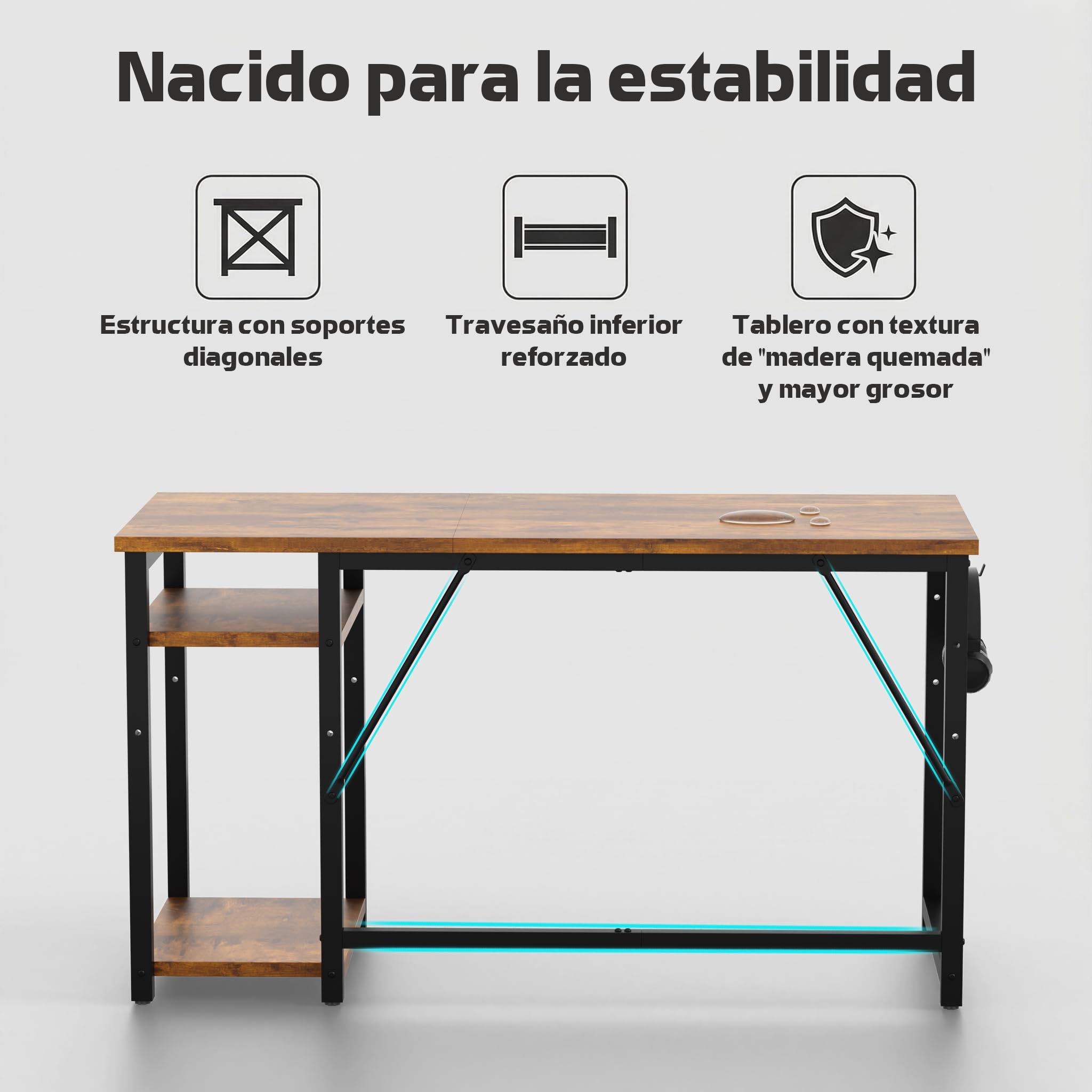 Airfish Mesa Escritorio, Escritorio Ordenador con Estanteria, Mesa de Juego, 120x50x75cm, con Estante Organizador, Gancho para Auriculares, para Oficina, Dormitorio, Sala de Estudio Marrón