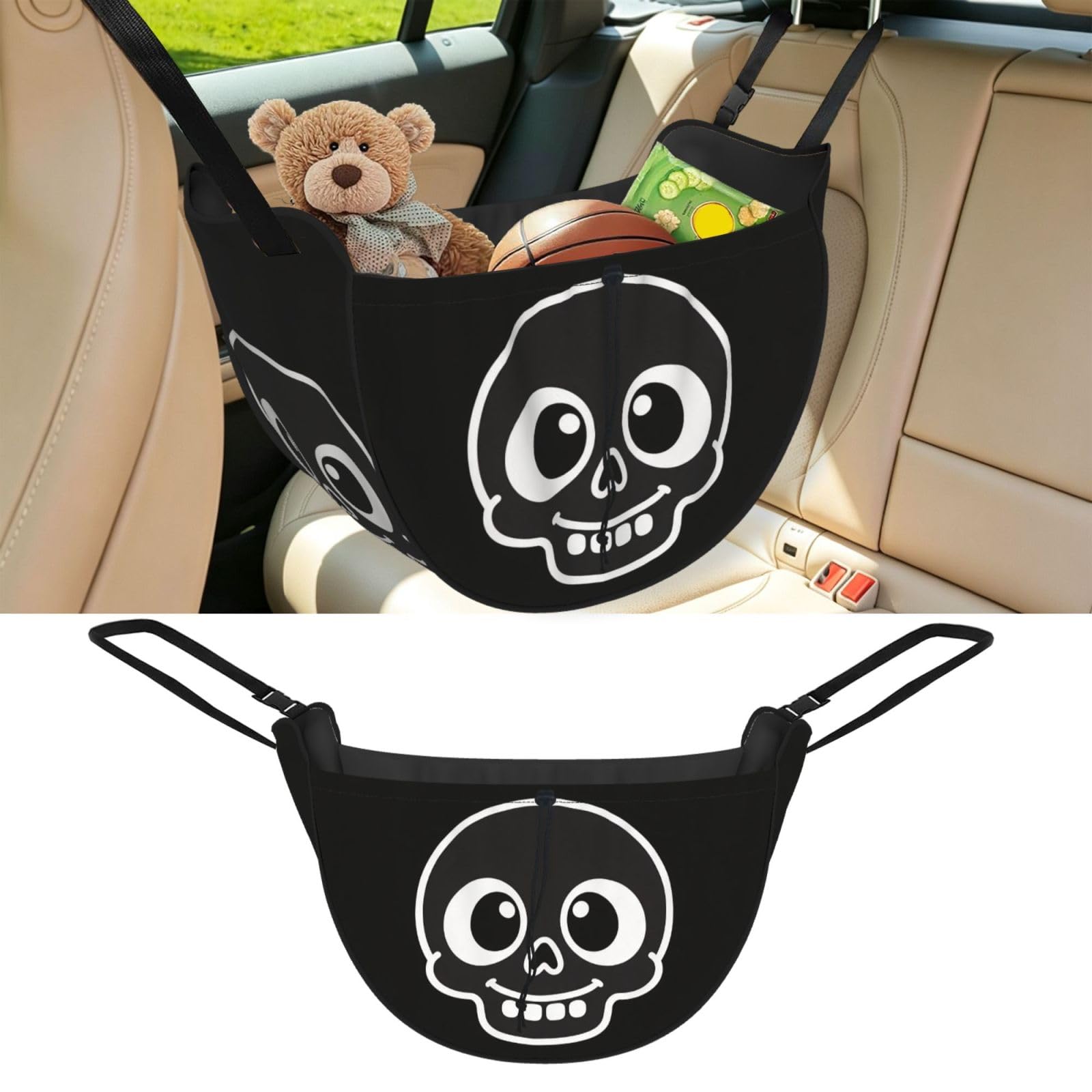Cntdbu Black Cute Flat Skull Car Seat Organizer-Backseat Storage Bag For Travel