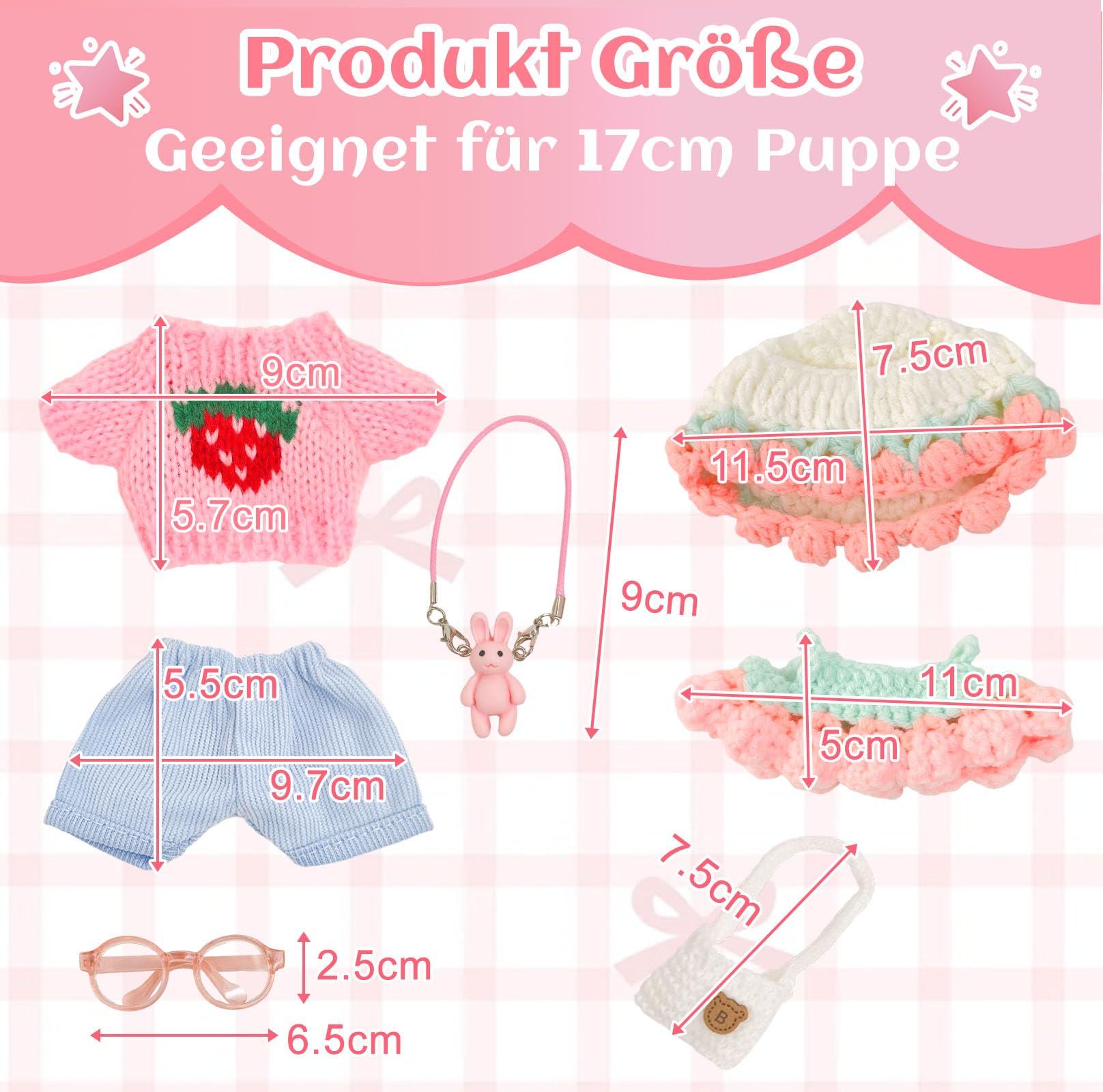 2 Sets Sweet Doll Clothes for 17cm Dolls, Pink Knitted Dress+Hat+Sweater+Pants+Glasses+Bag - Image 2