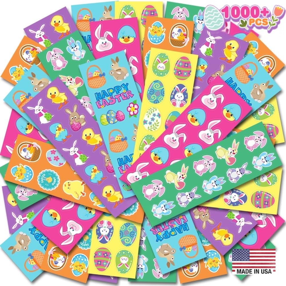 ArtCreativity Assorted Easter Stickers for Kids - 100 Sheets with Over 1000 Stickers - Made in USA Assorted Vibrant Colors and Designs, Easter Basket Essentials, Party Favors for Boys and Girls