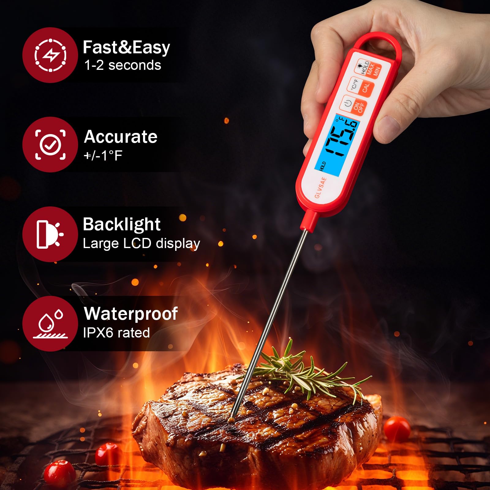 GLVSAE - Termometro digitale a lettura istantanea per carne, impermeabile, con sonda lunga 13 cm, per la misurazione della temperatura di alimenti, caramelle, barbecue, liquidi e carne, colore: rosso