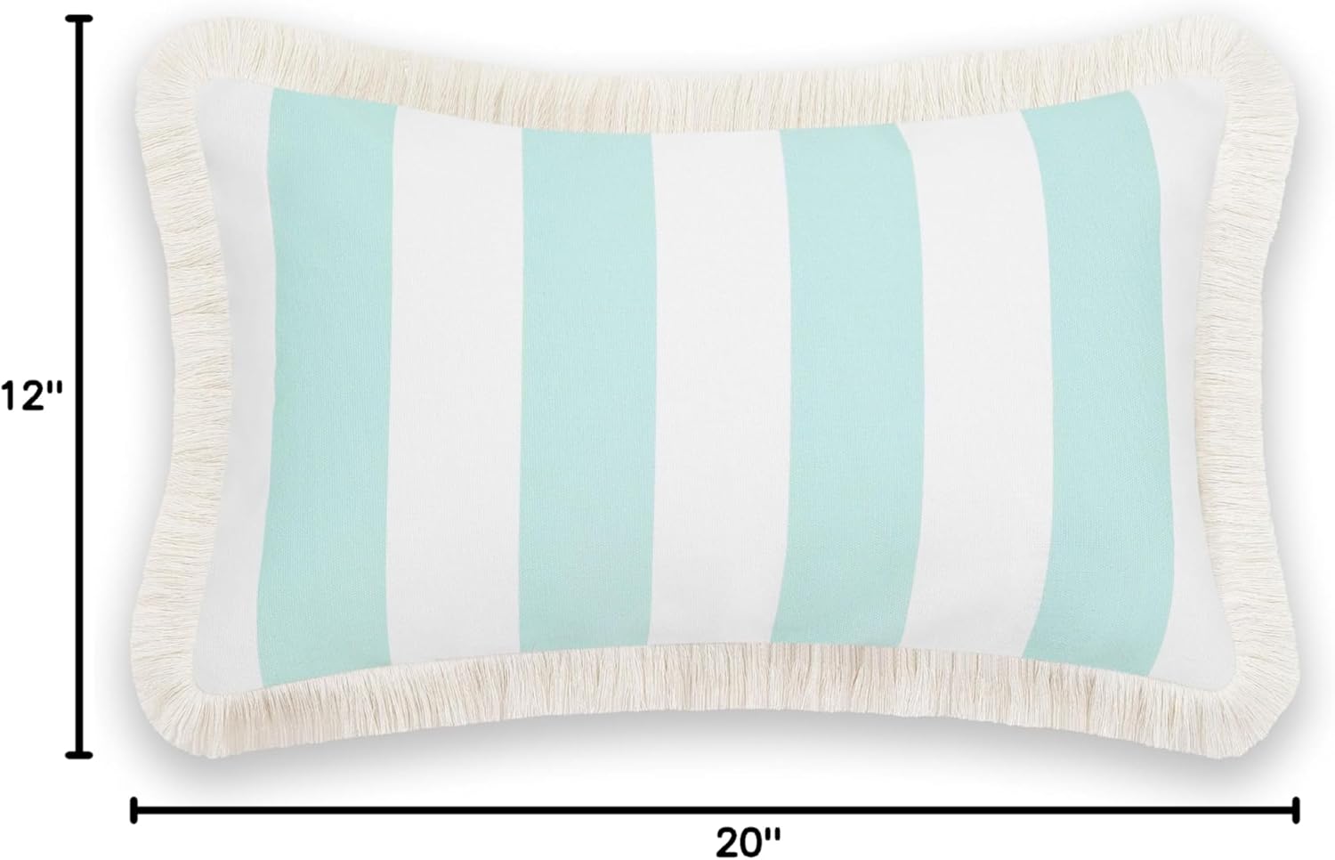 Hofdeco Premium Fall Coastal Patio Indoor Outdoor Lumbar Pillow Cover Only, 12"x20" Water Repellent for Backyard, Couch, Muted Aqua Stripe Fringe