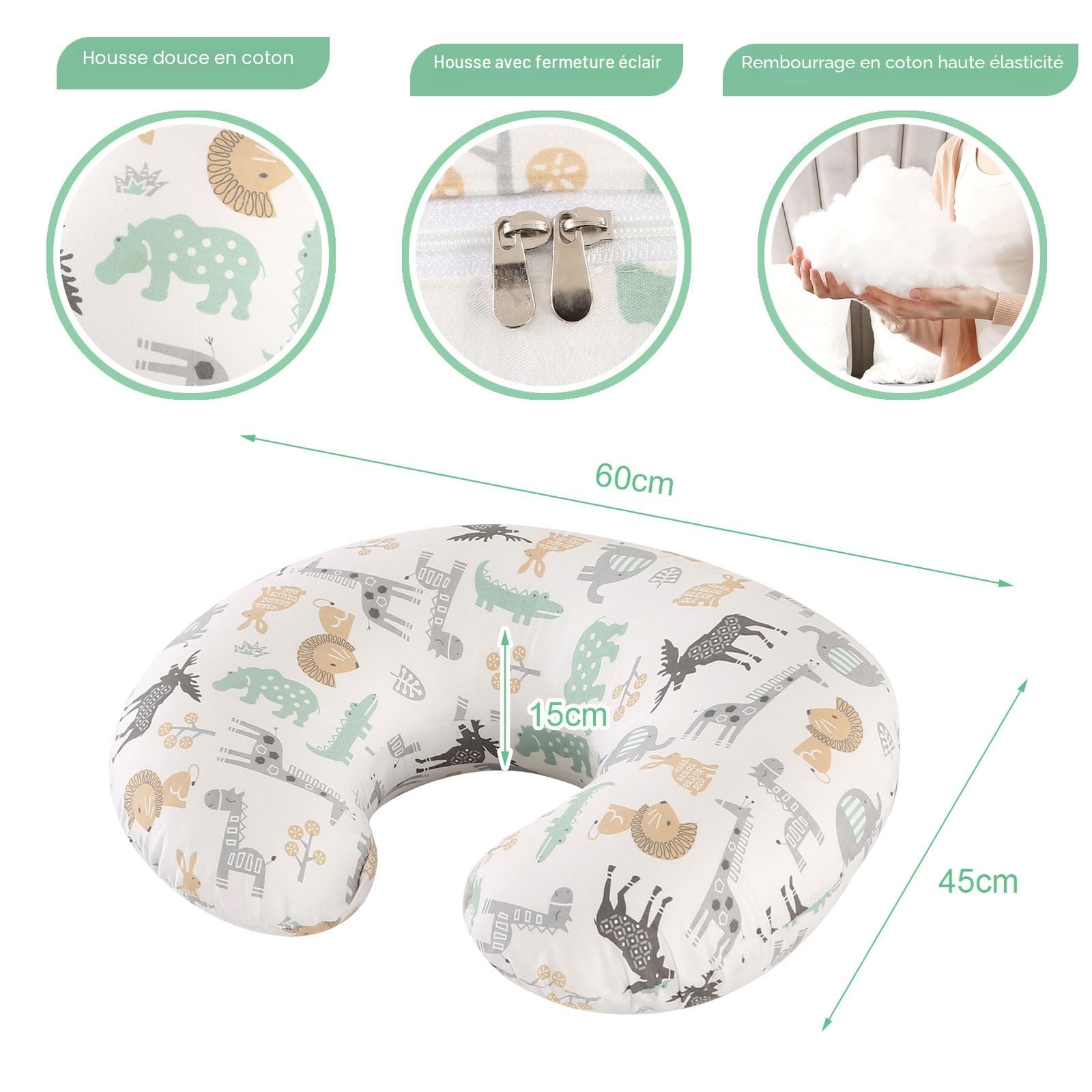 Coussin d'allaitement, Essentiels d'allaitement Ergonomiques pour le Biberon et L'Allaitement, Rembourrage en Fibres et Housse Amovible en Coton 100% Biologique, Lavable en Machine (Parc Animalier)