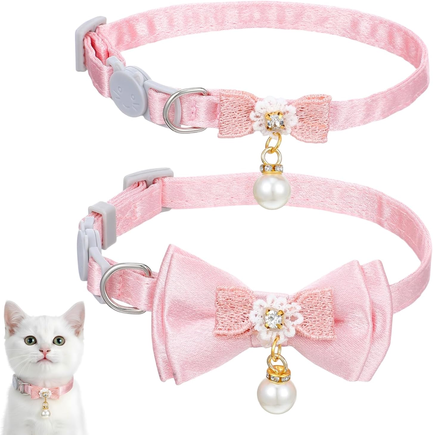 IANFAN 2 Pack Breakaway Cat Collar with Bowtie and Bell, Cute Pink Cat Collar for Girl Cats Adjustable Safety Collars Soft Kitten Collars for Girl Cats (Pink, 2 Styles)