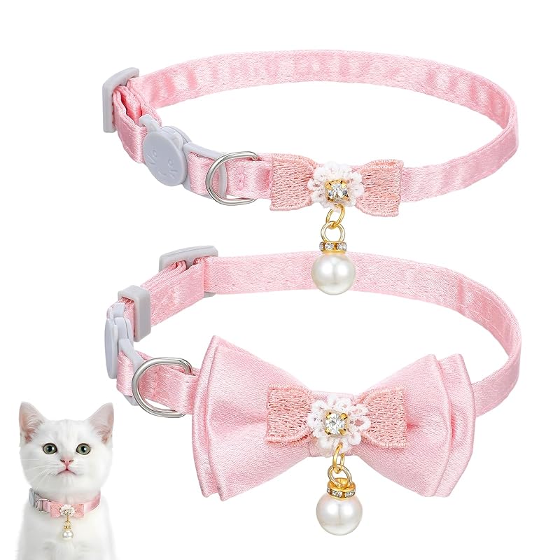 Coleira para Gatos IANFAN com Laço e Pingente de Pérola Rosa, Pacote com 2