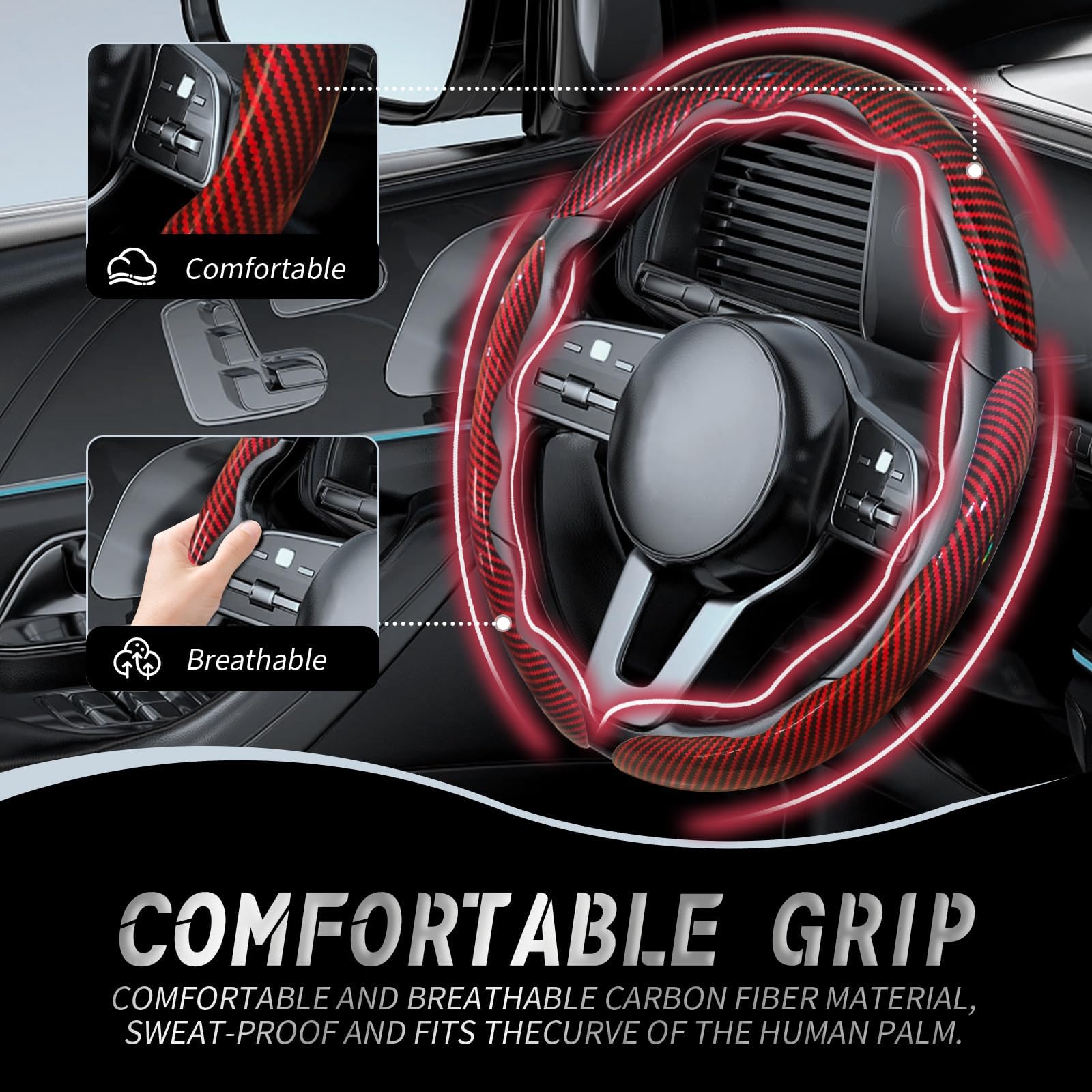 WOCOCN Carbon Fiber Car,Steering Wheel Cover with Non-Slip Lining, Multiple Color Options,Universal for Most Car Interiors Accessories (Bright Red 3PCS)