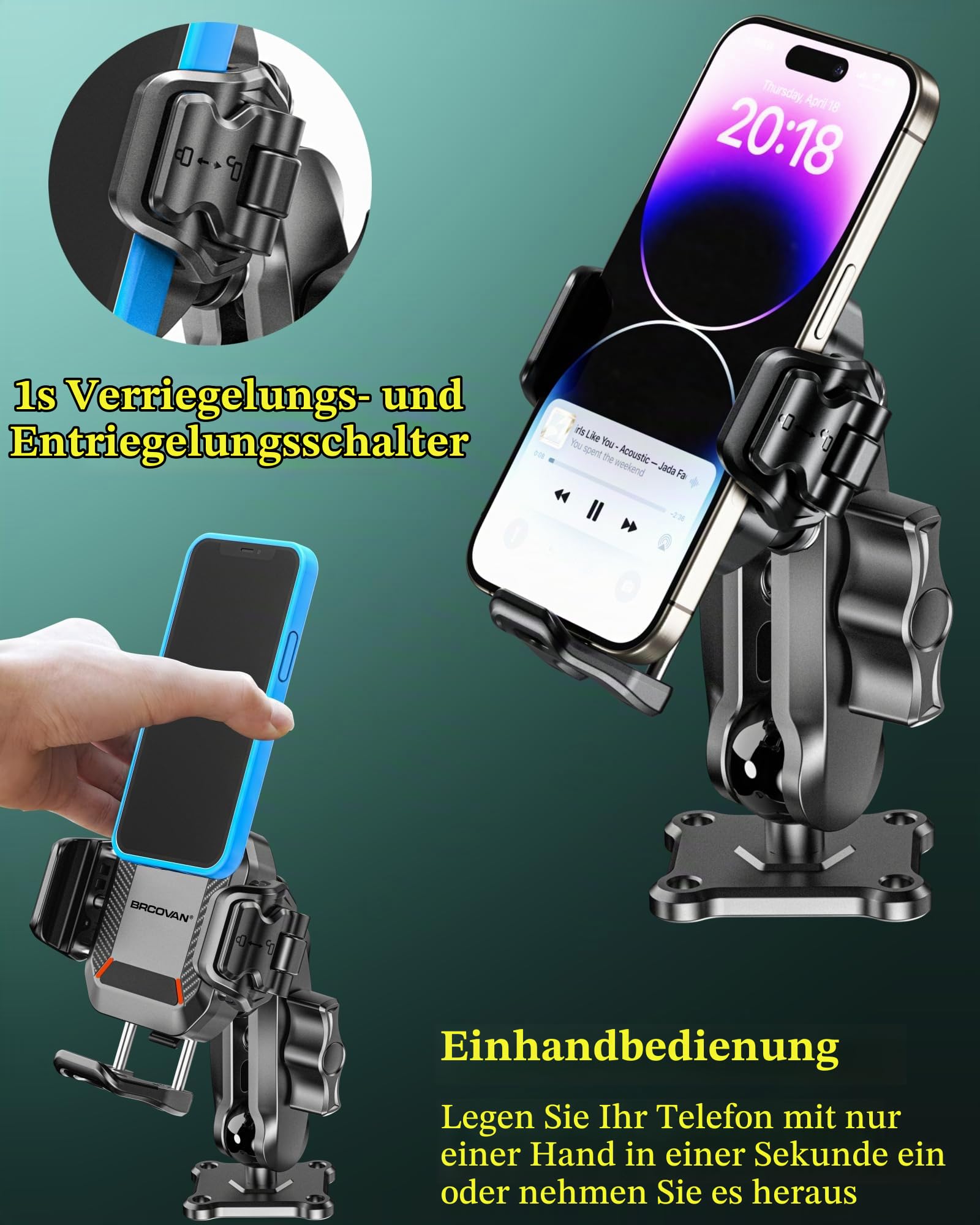 BRCOVAN Handyhalterung mit Vibrationsdämpfer [1s Lock] | mit Quadratischer Aluminiumbasis und Arm, für Auto, Boot, Lkw, Motorrad und UTV, für Smartphones von 5,4 bis 7,2 Zoll