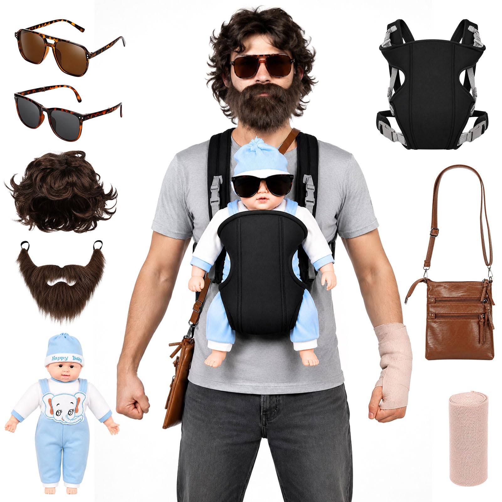 8PCS Halloween Baby Carrier Costume for Men Adult Funny Dad Wig Beard Set