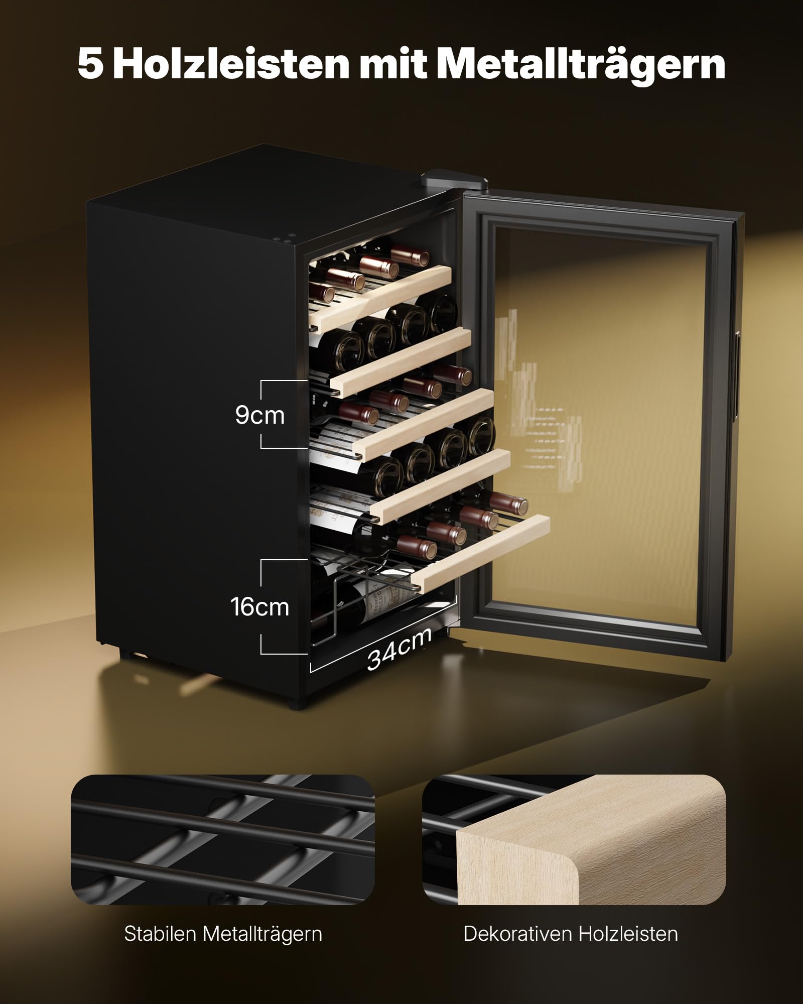 Upstreman Weinkühlschrank 24 Flaschen 5°C-20°C einstellbar Einbau Unterbau Doppelverglasung Touch-Display LED-Beleuchtung W24-Schwarz