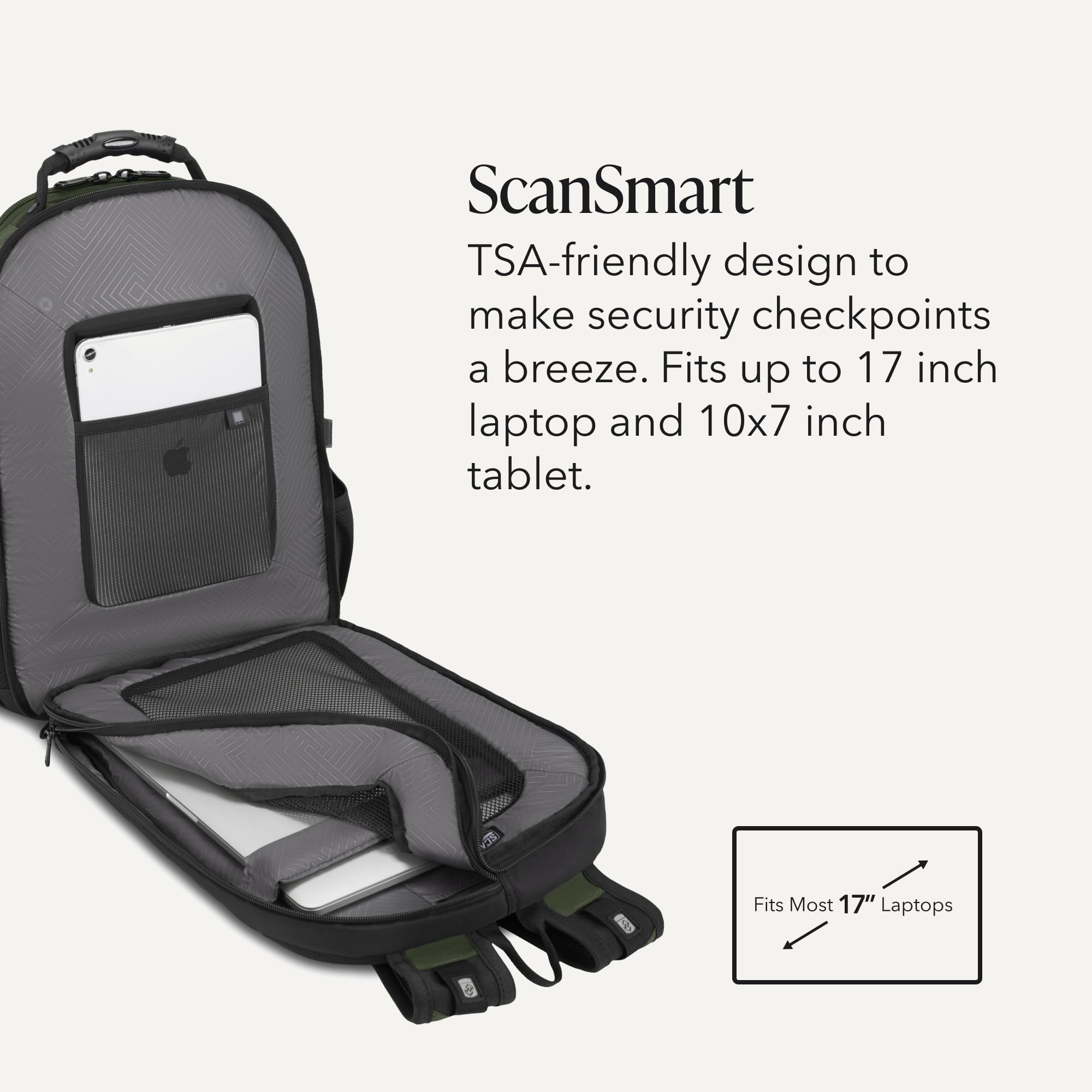 SWISSGEAR Sion 2-Piece Travel Set, Softside Expandable Carry-On Spinner Bundled with 1900 ScanSmart 17" Laptop Backpack with RFID Blocking & Tech Organization, Evergreen view 4