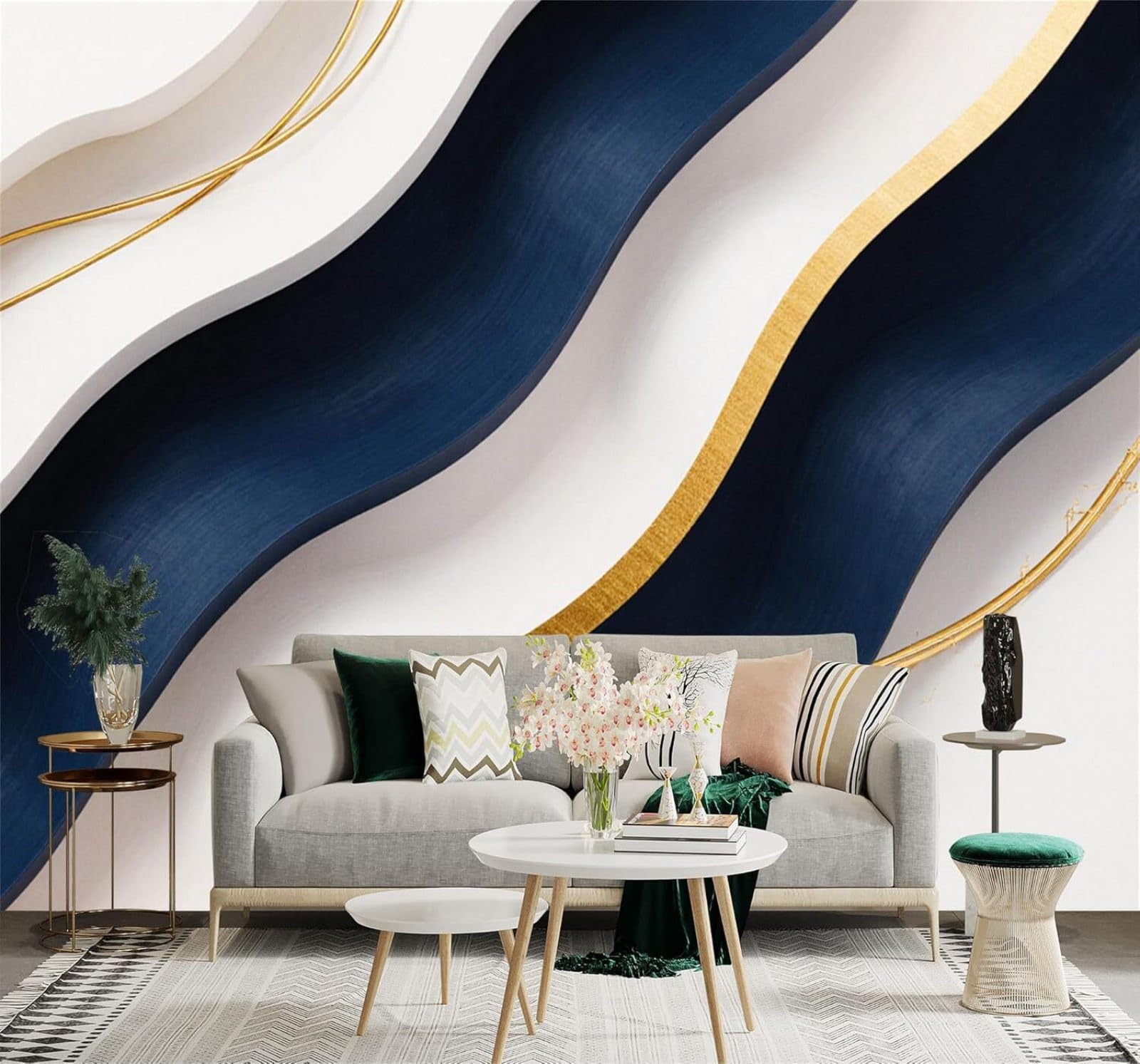 XLMING Abstract Luxurious Blue Gold Stripes 3D Wallpaper Silky Texture Home Study Office Grey Dining Room Sofa Bedroom Living Room TV Backdrop-400cm×280cm