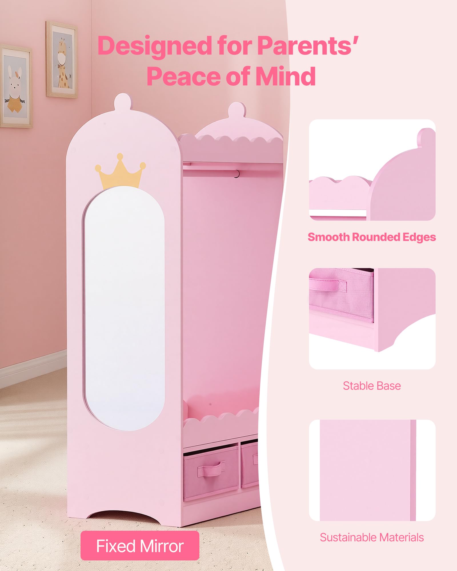 VEVOR Armario de Disfraces para Niños con Espejo, Perchero Infantil con Cajones, Organizador de Ropa, Mueble de Madera Estilo Cuento de Hadas con Barra y Compartimentos para Dormitorio, Juegos, Rosa