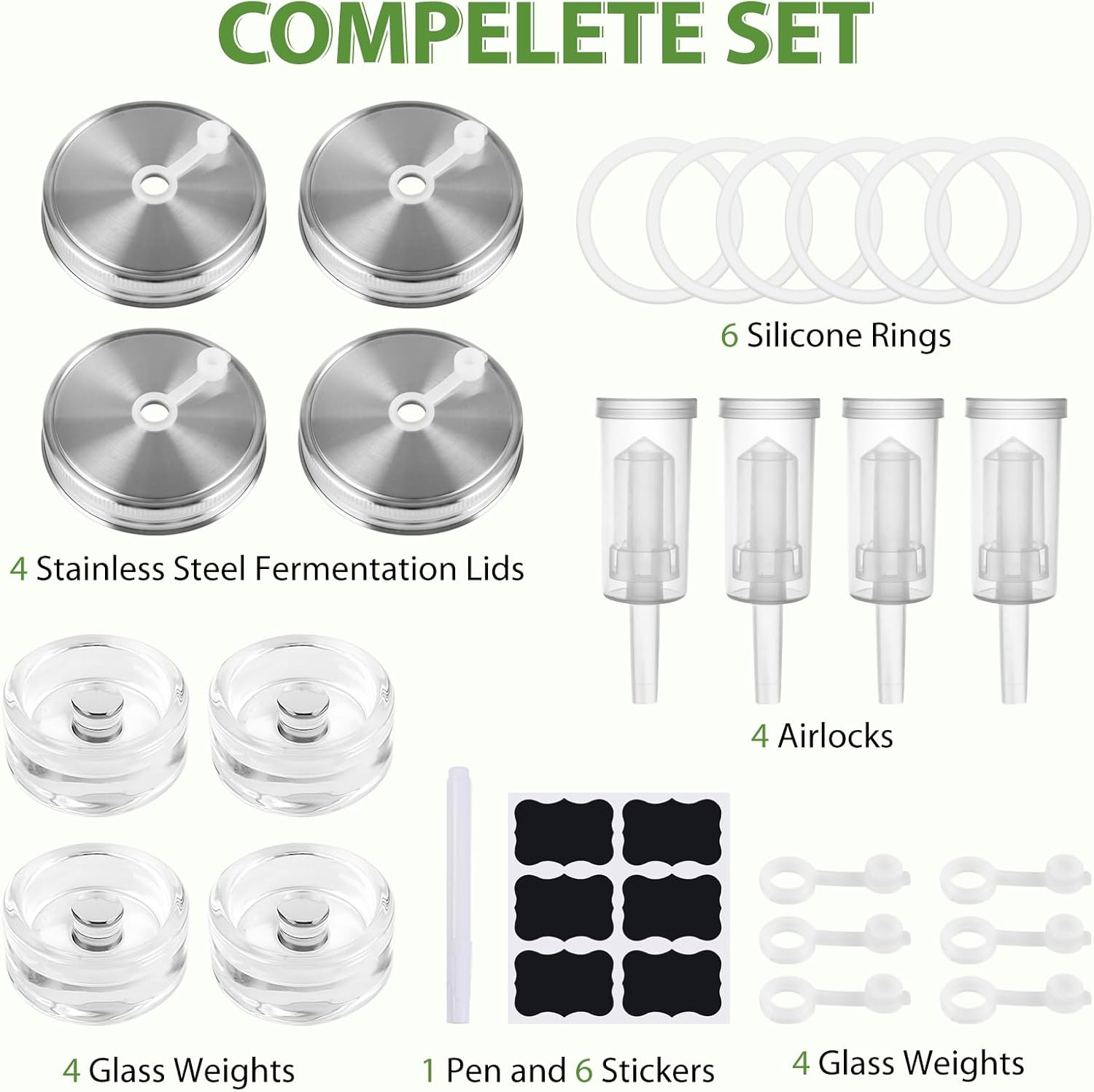 Fermentation Kit for Wide Mouth Mason Jars, 4 Easy-Lift Glass Weights, 4 Stainless Steel Fermentation Lids with Airlocks, 6 Silicone Rings and 6 Silicone Stoppers (Jars Not Included)