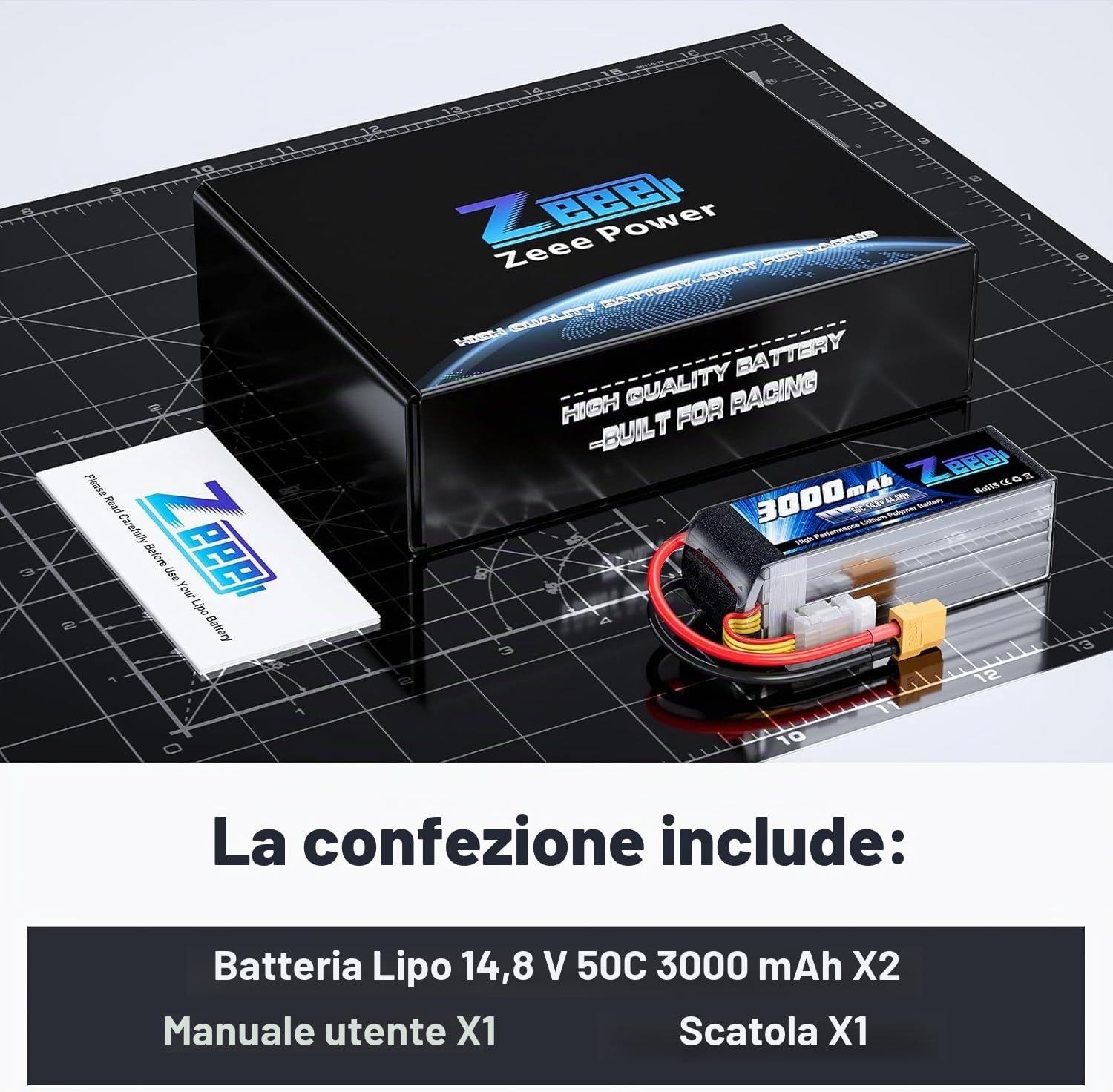 Zeee 4S Lipo 3000mAh 14,8V 50C Batteria RC con connettore XT60 per auto RC, camion, aereo, elicottero, barca... (2 pezzi)