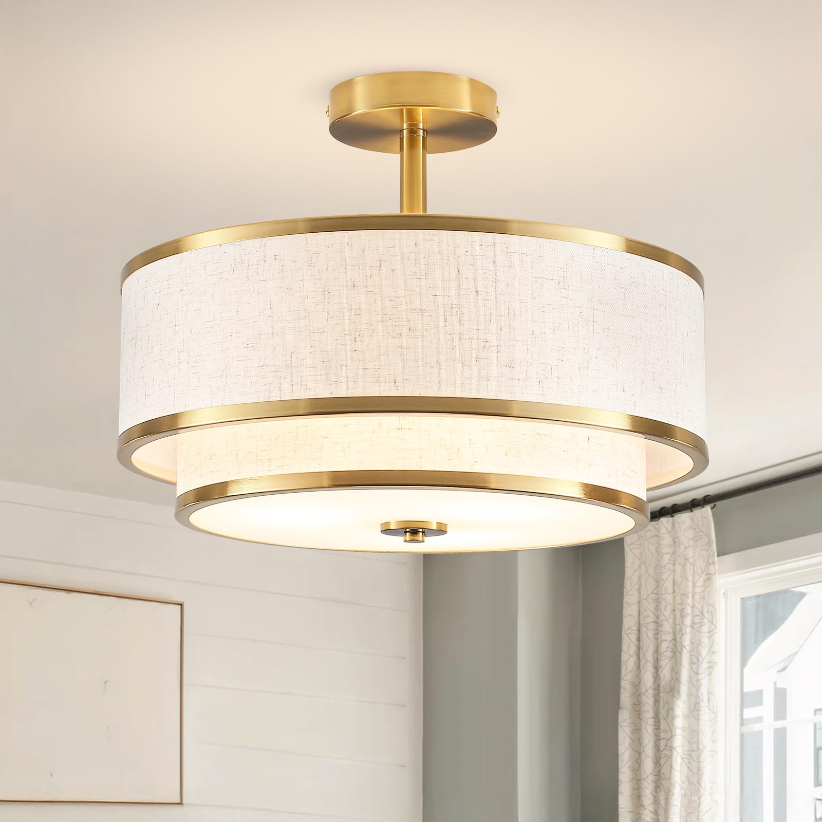 BUXVRCS Semi Flush Mount Ceiling Light Fixture Modern Light Fixtures Ceiling Mount with Fabric Shade 3-Light Double Drum