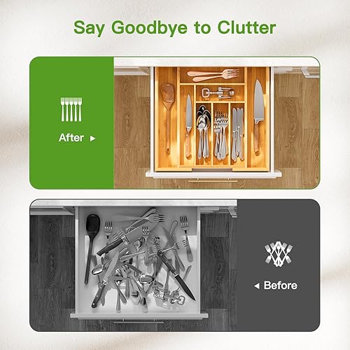 Miniatura 6 de Pipishell Organizador de cajones expandible de bambú para soporte de utensilios, bandeja de cubiertos ajustable, organizador de cajones de madera