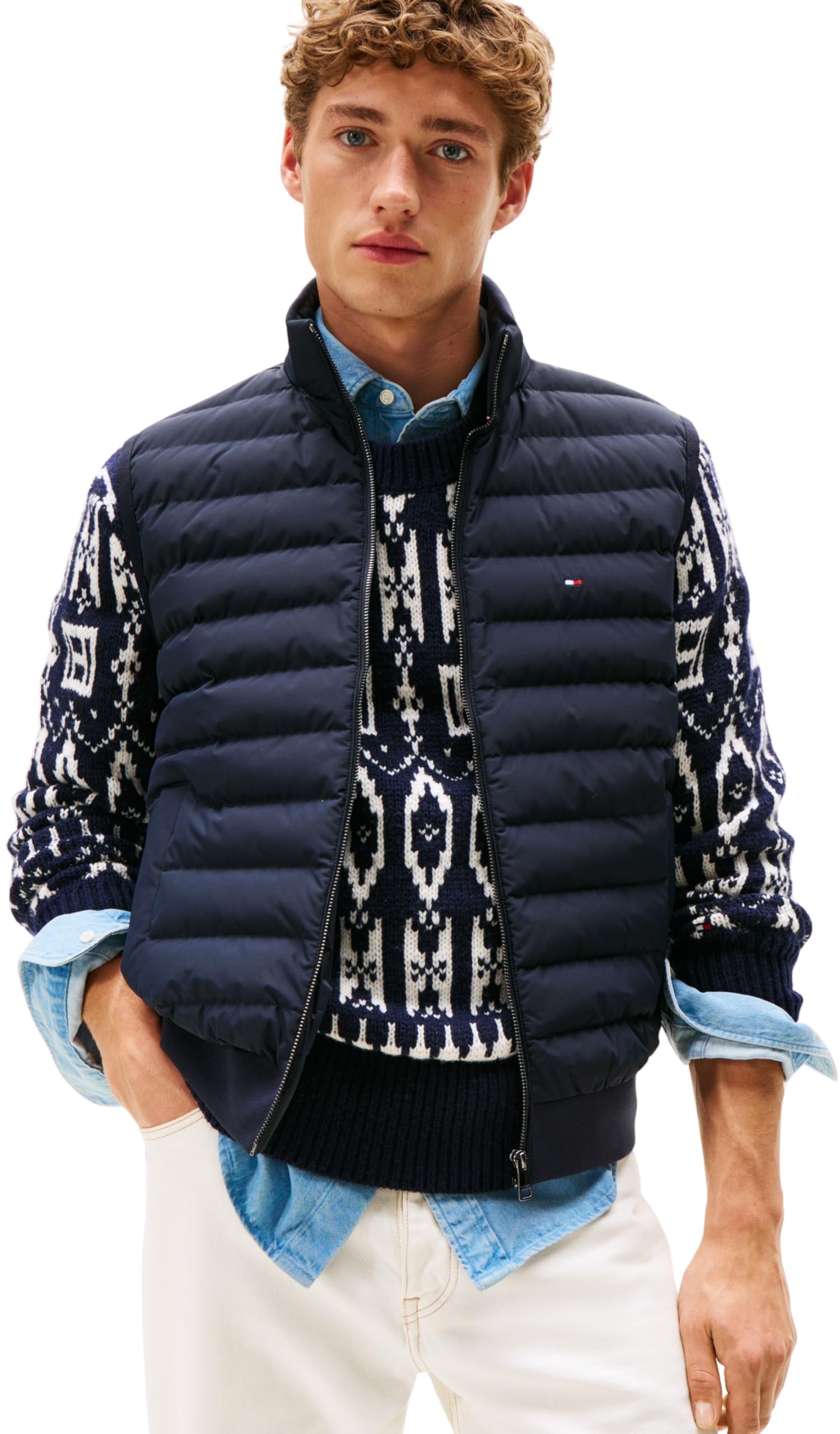 Tommy Hilfiger Men’s Mix Media Gilet with Stand Collar, Blue (Desert Sky), XL