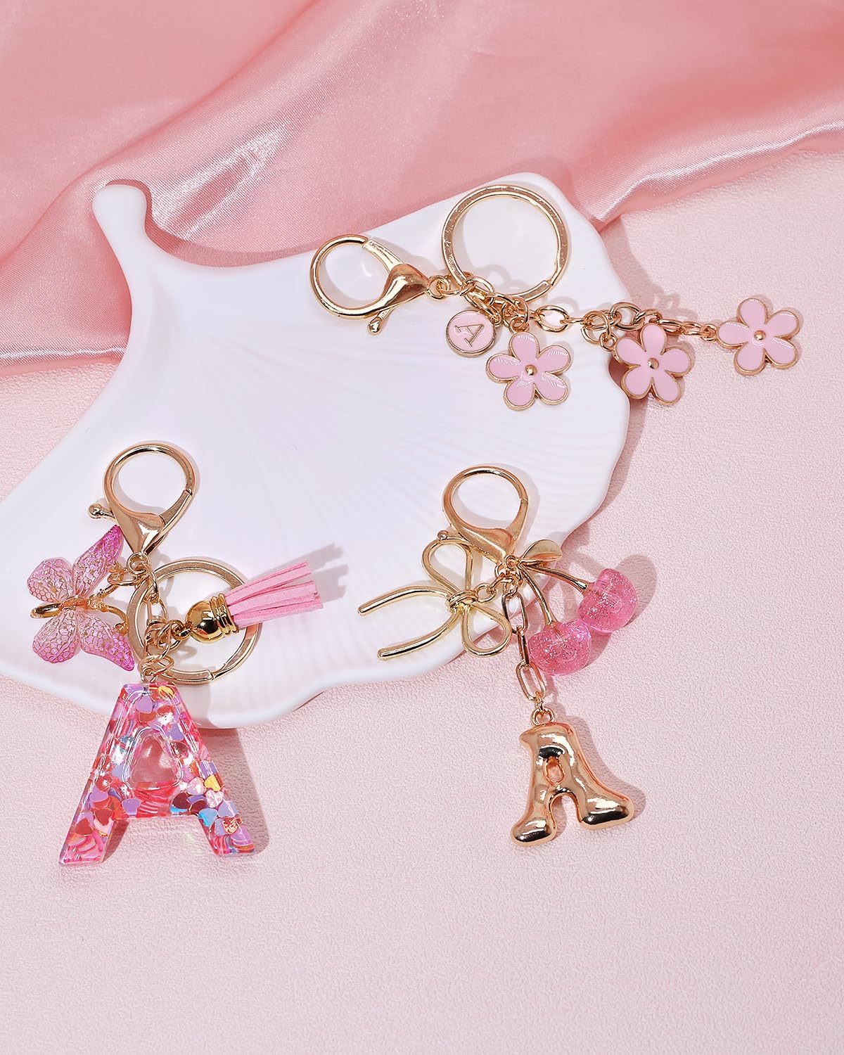 3PCS Initial Letter Keychains for Women, Cherry Flower Bag Charms, Cute Purse Handbags Accessories image 2