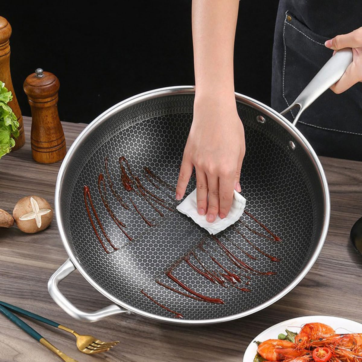DECHOUS Wok de Acero Inoxidable 32 CM Estructura de Panal Antiadherente Doble Mango Ergonómico Apto para Cocina de Inducción Estufa Eléctrica Gas Sartén Wok Multifuncional para Freír