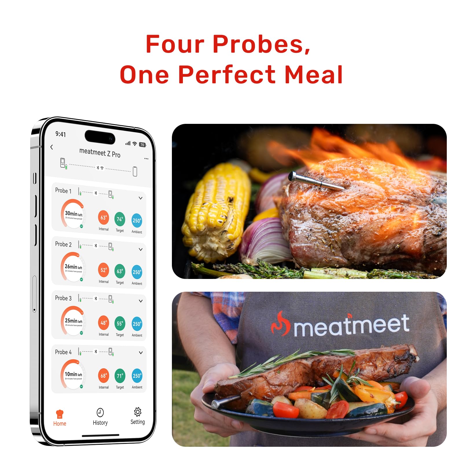 Bluetooth Meat Thermometer Wireless, 4 Probes, Standalone Base | 6 Sensors With ±0.18°F Accuracy, WiFi, IP69 Waterproof, AI-Guided Cooking, for Kitchen, BBQ, Grill, Oven, and Smoker (Z Pro)
