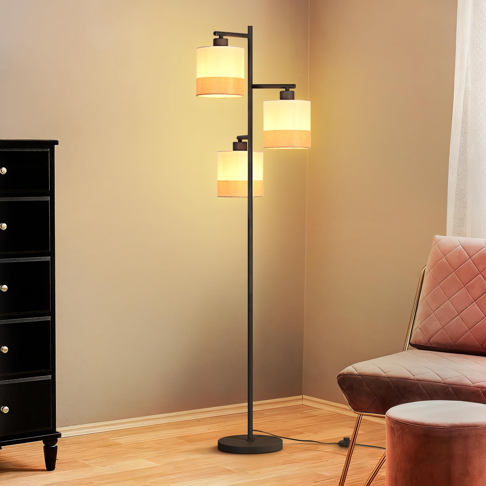 CBJKTX Stehlampe Wohnzimmer Stehleuchte Vintage - Stoff Standlampe 3 Flammig Standleuchte Schwarz Retro Leselampe E27 Rustikal Bodenlampe mit Fußschalter für Schlafzimmer Büro (ohne Leuchtmittel) | Flammig Standleuchte Schwarz Retro Leselampe E27 Rustikal