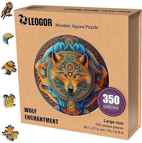 Miniatura 1 de LEOGOR Rompecabezas grande de madera para adultos  Lobo  (350 piezas, 15 x 14.8 pulgadas)  Mandala redondo inspirado en la naturaleza  Coloridas