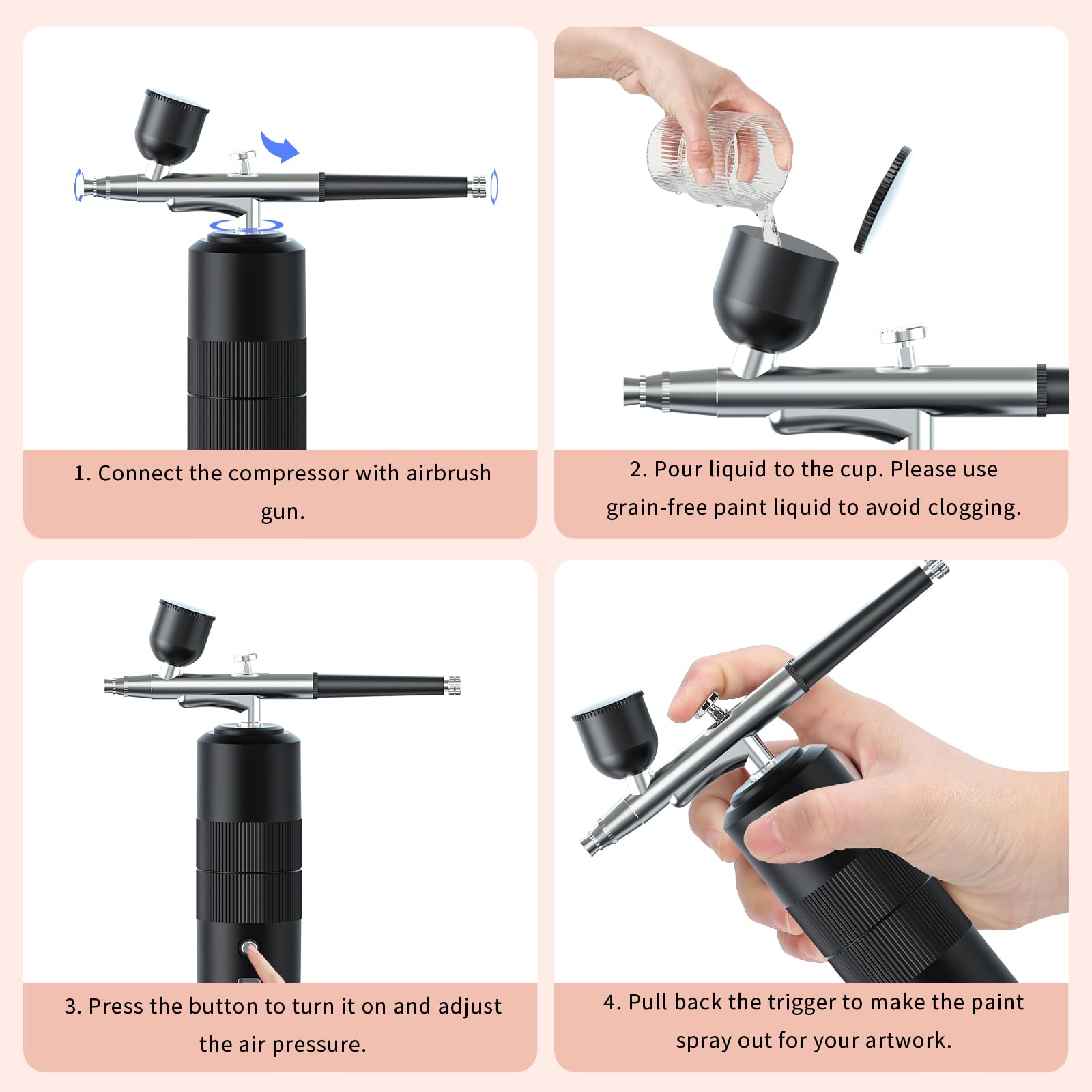 Aerografo Set, Compressore portatile cordless Kit 36PSI multifunzione Aerografo con compressore per decorazioni per torte pittura su modelli nail art cura della pelle (Black-A05)