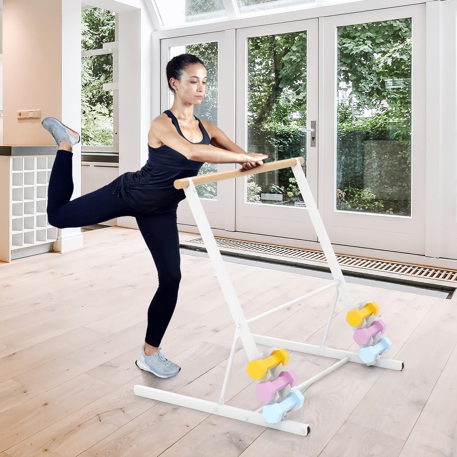 COSTWAY Barre de Danse Classique Autoportante Charge 80KG, Barre de Ballet Extensible sur Pied Support en Métal avec Roues et Supports de Poids, Pose Libre pour Yoga, Exercice