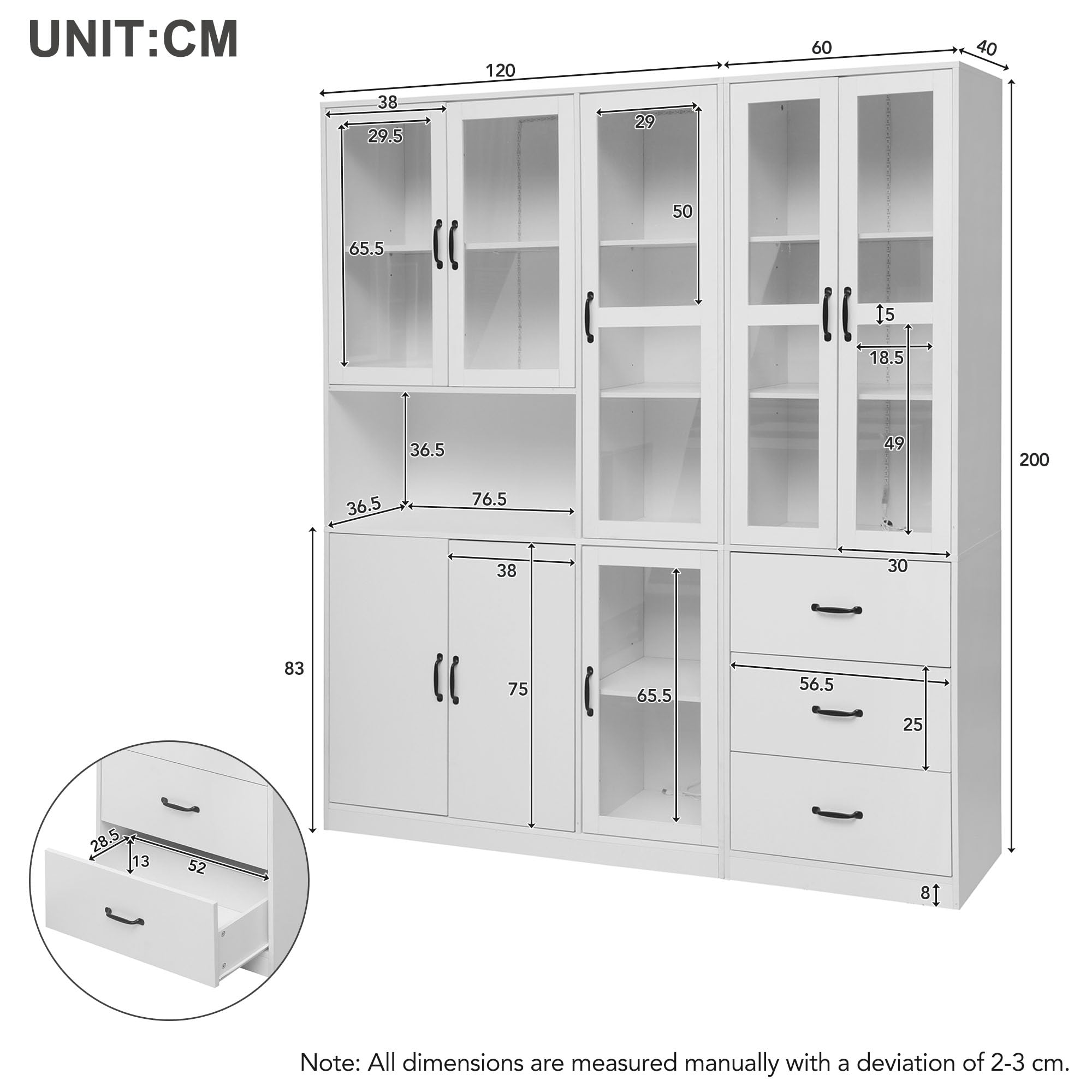 Elegante set di vetrine componibili bianche, alte 200 cm e lunghe 180 cm, autoportanti, con illuminazione a LED, 8 ante e 3 cassetti: perfette per valorizzare la tua casa