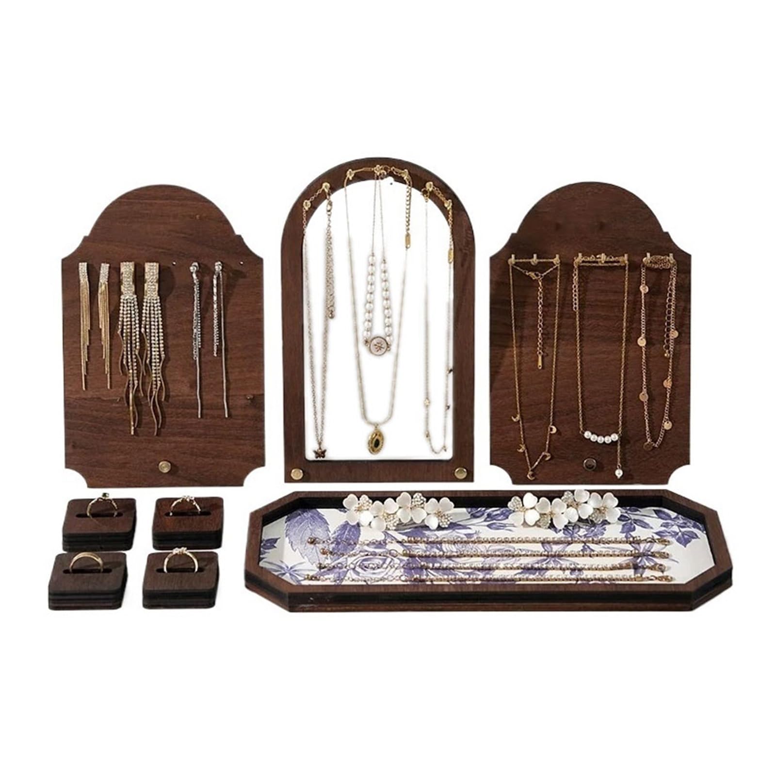 Estetyka 8 Pack Vintage Wooden Jewelry Display Stand Set