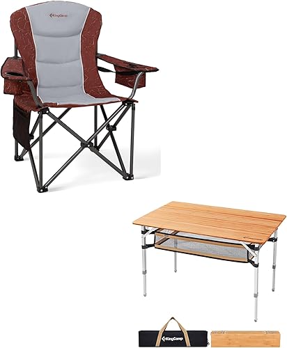 KingCamp Silla plegable de gran tamaño para acampar, resistente 450 libras con mesa plegable de bambú, mesa de campamento ligera con capa de malla