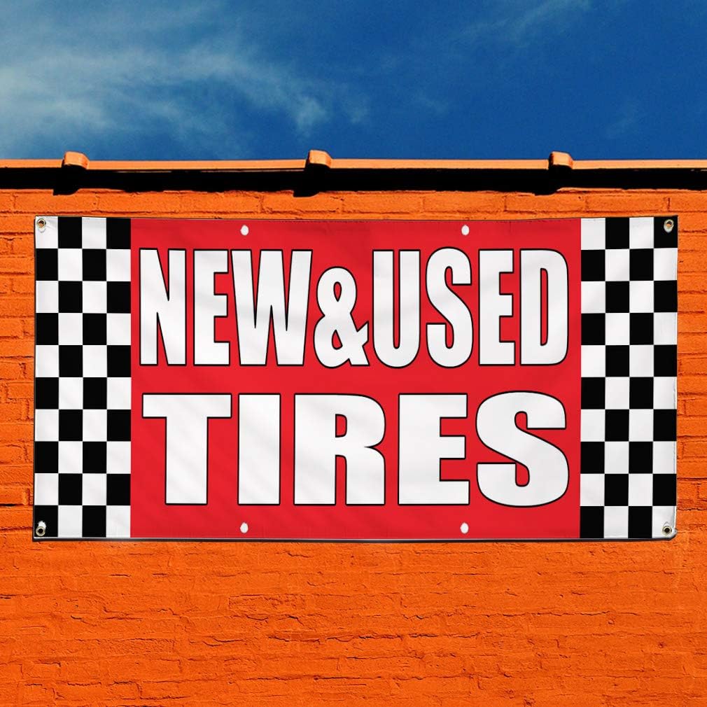 Vinyl Banner Sign New& Used Tires Auto Body Shop Car Repair Marketing Advertising Red - 16inx40in, 4 Grommets, Set of 2