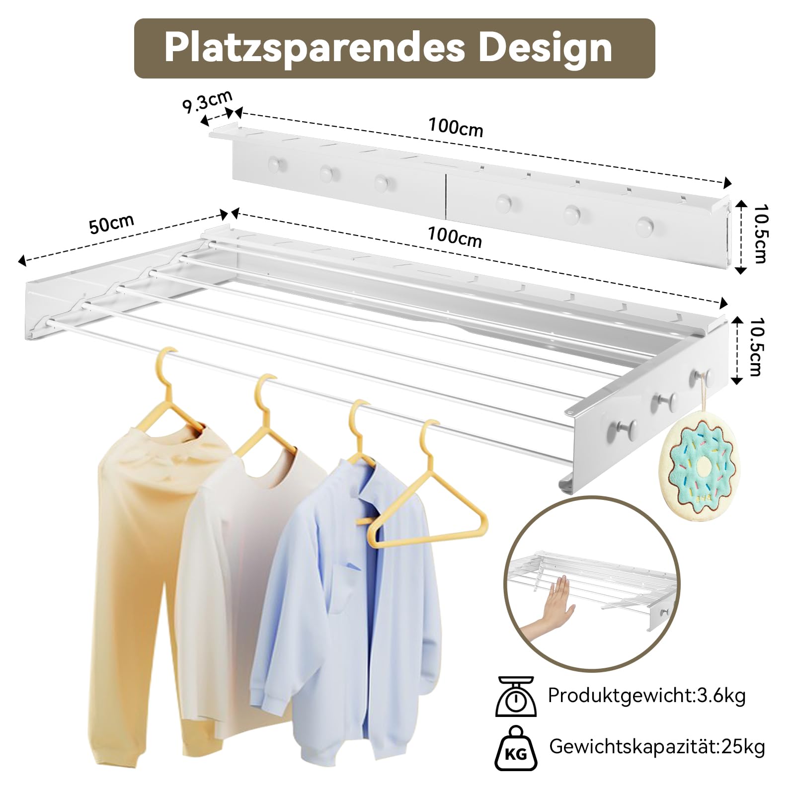 Wäschetrockner Wand, Wäscheständer Wandmontage, 100cm Wäscheständer zum Ausziehen Wand für Badezimmer, Balkon, Terasse, platzsparend Wandwäschetrockner ideal für Indoor & Outdoor (Weiß - 100cm)
