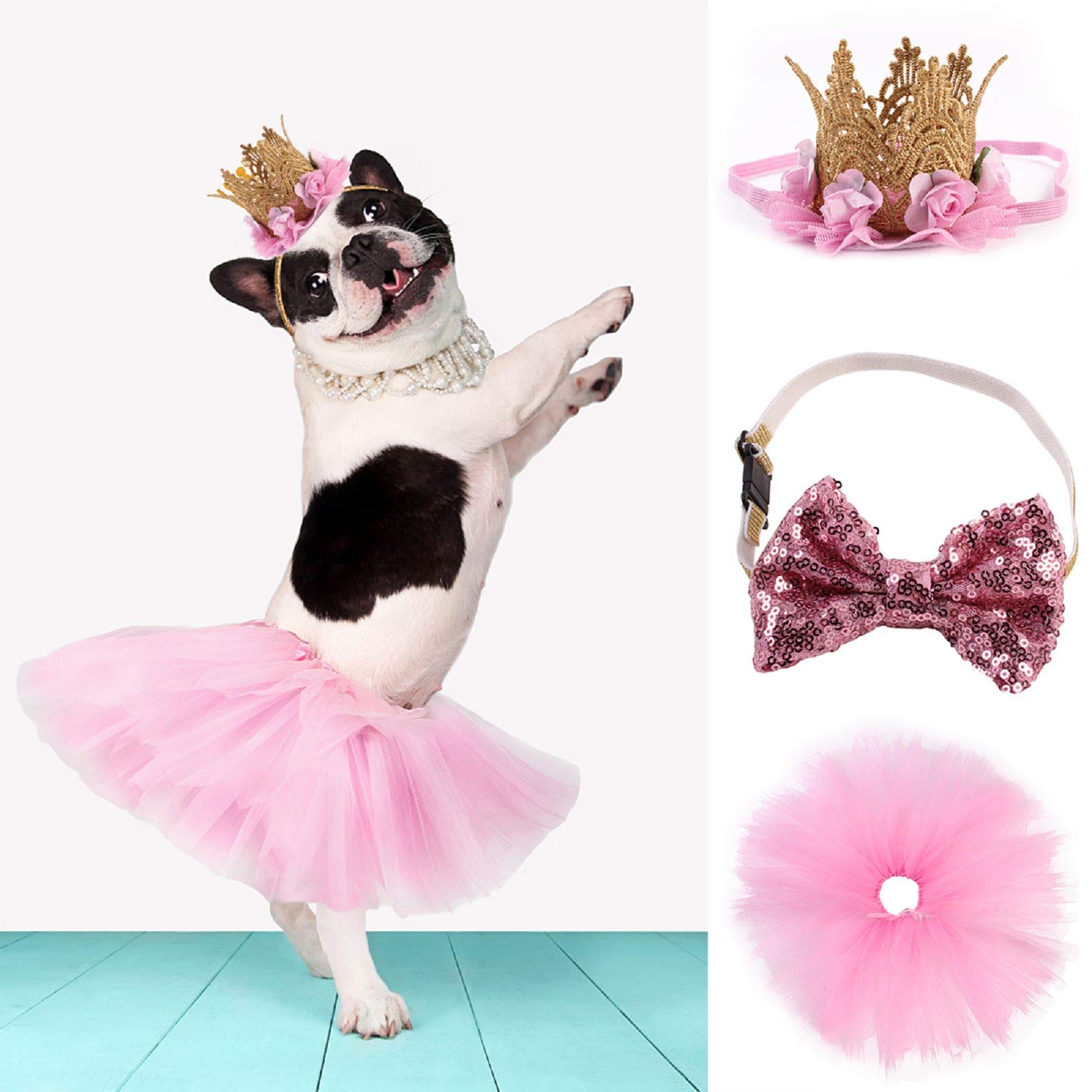 Costume de Chien 3 Pièces,Rose Jupe Tutu Couronne Chapeau Paillette Noeud Papillon,Mignon Noeud Jupe Tutu pour Petits Chiens et Chats