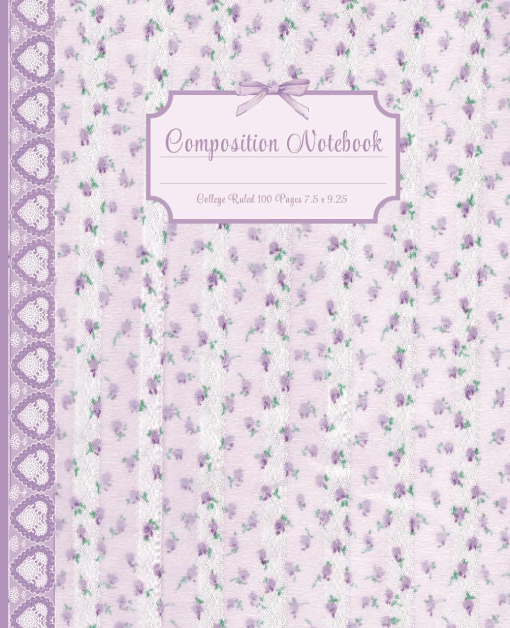 Coquette Composition Notebook College Ruled Journal 100 Pages 7.5 x 9.25" Purple Floral Rosebud Hearts Bow Pretty Vintage Aesthetic Daily Diary for
