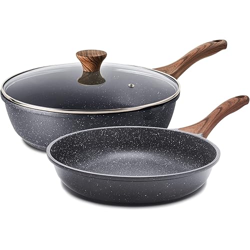 SENSARTE Nonstick Cookware Set, 3-Piece Induction Compatible Non Stick Skillets, Contains 9.5-Inch Frying Pan and 5QT Saute Pan with lid, Stay-cool Handle, PFOA Free