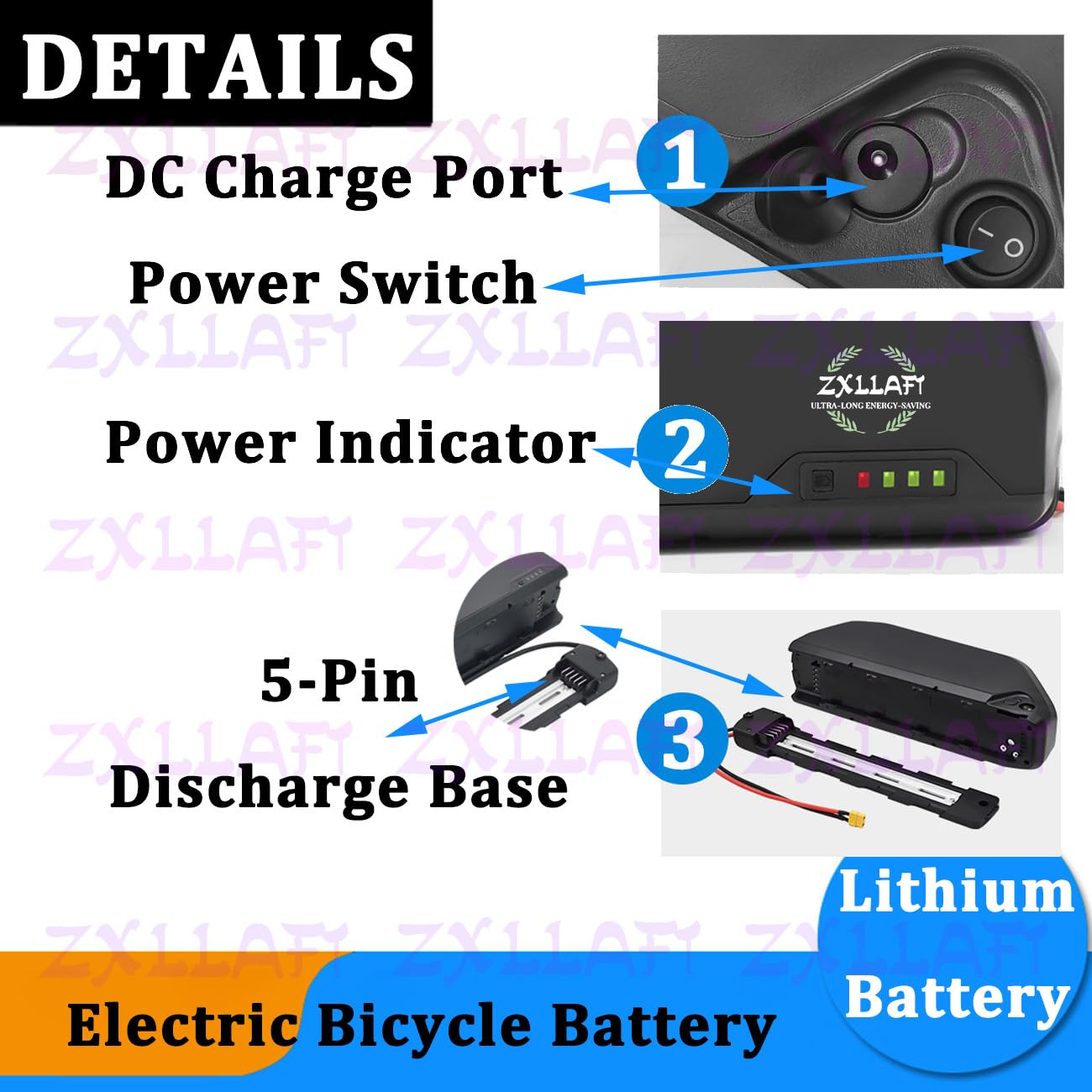 Lithiumbatterie 36V E-Bike-Akku 48V Ersatzbatterien 52V Elektrofahrradbatterien mit BMS, Ladegerät, Diebstahlsicherung, Betriebsanzeige und 5-Pin-Entladesockel